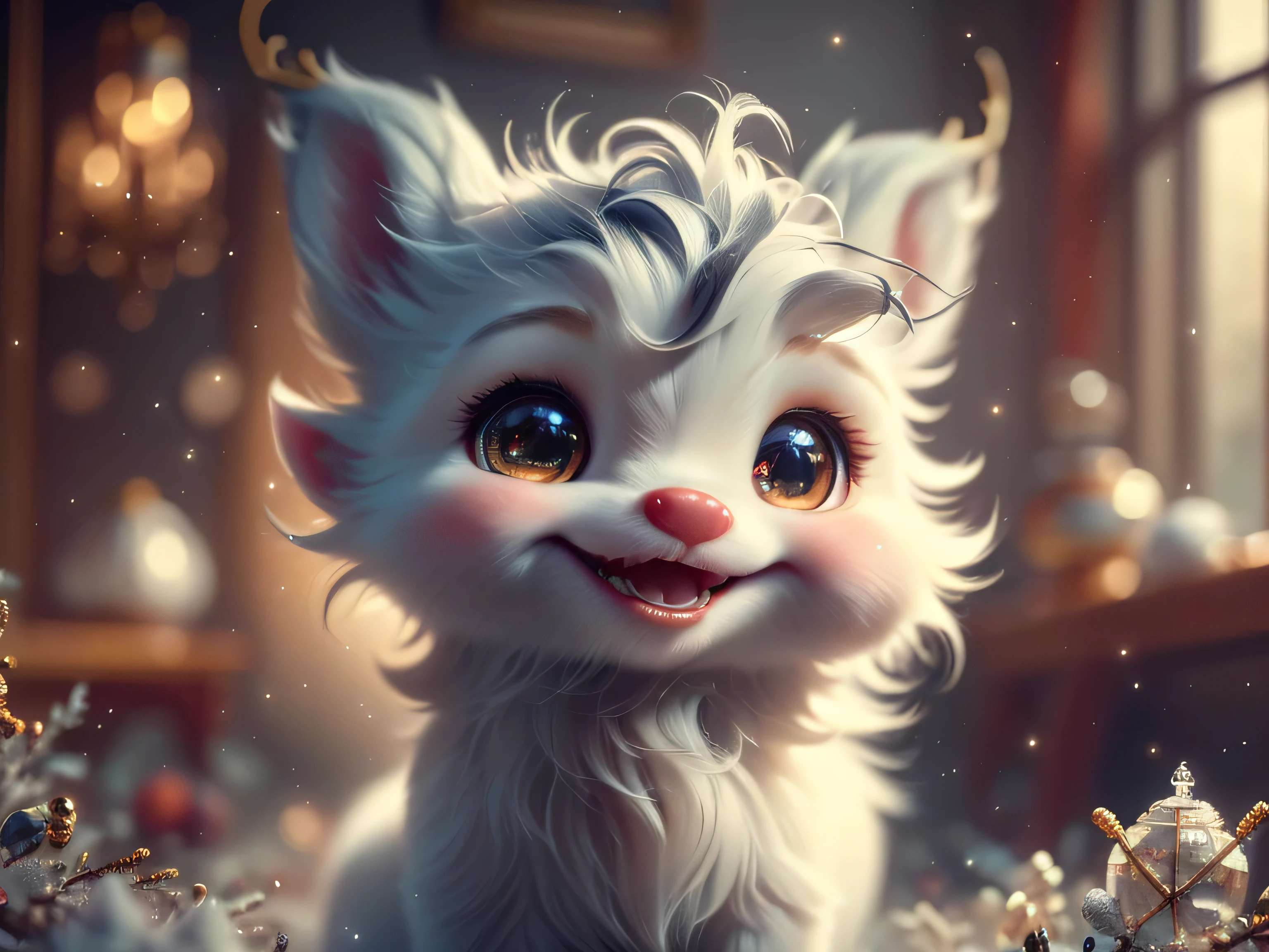 Magical Fantasy Creature, (Best Quality, Masterpiece, Representative Work, Official Art, Professional, Super Detailed, 8k:1.3), (Photorealism:1.2) Super Cute, Big Eyes, Soft, Soft Nose, Fluffy, Double-Toothed Smile, Aurorastyle, Highly detailed Dynamic shot of majestic adorable  reindeer, high quality, beautiful masterpiece, fantasy creature, kawaii, digital art, glowing sparkles, Realistic, Beautiful, Stars in Eyes, Soft Volumetric Light, (Backlight:1.3), (Cinematic:1.2), Intricate Details, (ArtStation:1.3), --auto --s2