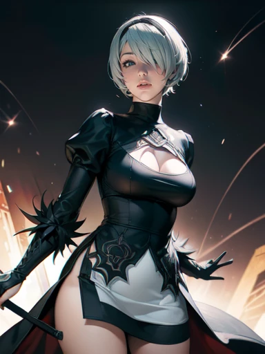 to the intricate details of her outfit, her flowing white hair and striking black eyes captivate the viewers. She holds a tablet in her hand, showcasing her technological prowess. The anime character resembles 2B from the game "NieR: Automata," exuding a unique blend of elegance and strength. The prompt aims to recreate the essence of this character by emphasizing her visual features and the futuristic setting she belongs to.

The medium is a fusion of illustrations and 3D rendering, incorporating the best elements from both worlds. The resulting artwork will be a masterpiece (1.2), displaying ultra-detailed and realistic (1.37) features. The image quality is top-notch, featuring a resolution of 4K or 8K. The lighting is carefully crafted to enhance the overall atmosphere, combining studio lighting techniques with vibrant colors. A touch of bokeh adds depth to the image, complementing the character's aura.

The prompt also draws inspiration from the game "NieR: Automata," instilling the same sense of dark beauty and mystery. It pays homage to the concept art of the game with its sci-fi and futuristic theme. The color palette leans towards a cool-toned and metallic aesthetic, reminiscent of the mechanical world portrayed in the game. The prompt encapsulates the enigmatic allure of the character and the game, enthralling the viewers with its captivating visuals.

Note: Please remember to adjust the intensity of each tag appropriately using the () and [] syntax to achieve the desired effect.
