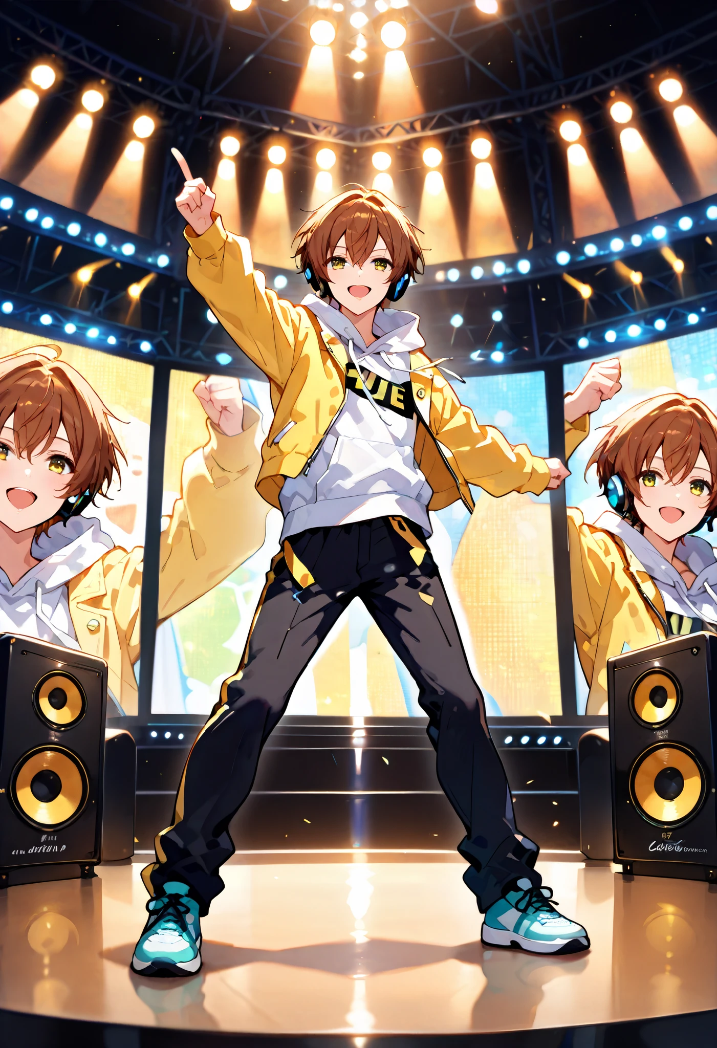 score_9, score_8_up, score_7_up, score_6_up, score_5_up, score_4_up, best quality, masterpiece, 
akito_s, Brown hair, black and yellow jacket over hoodie, black trousers, trainers, 
Akito singing on a live stage, wearing live costumes, headsets, synchronised stunning dance, colourful stage, super-sized speakers behind them