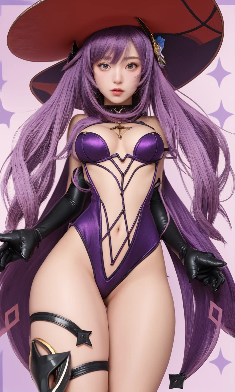 Beautifully drawn, good quality, Ultra-detailed CG illustration with athletic body of Jade from the video game Honkai Star Rail with purple hair. She wears a revealing witch costume with a witch hat, Overknee socks and black high heels and shows her feet and vagina into the lens. She touches herself erotically