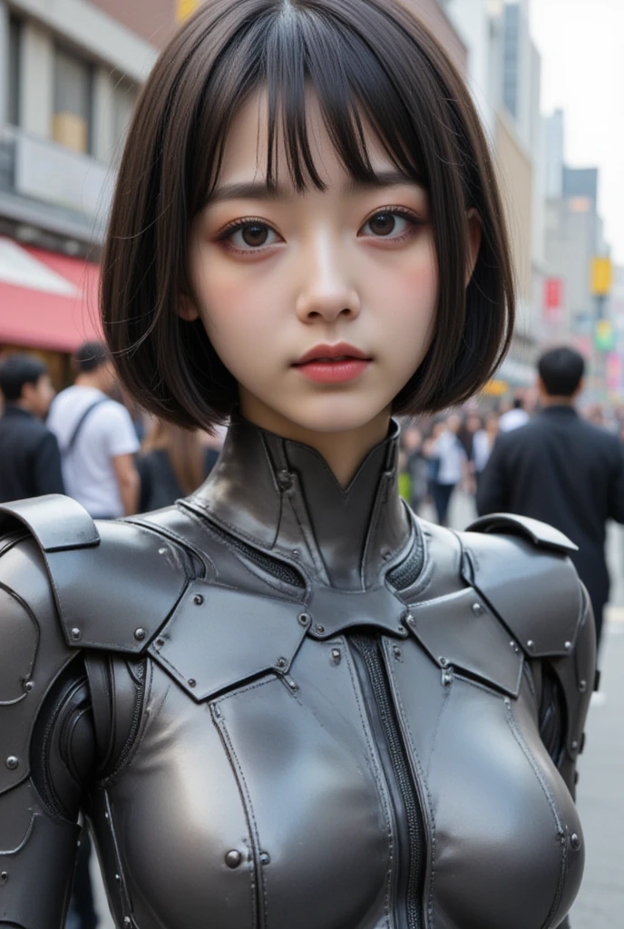 Detailed details,

A beautiful Korean robot with shiny metal skin is prostituting herself on the street,