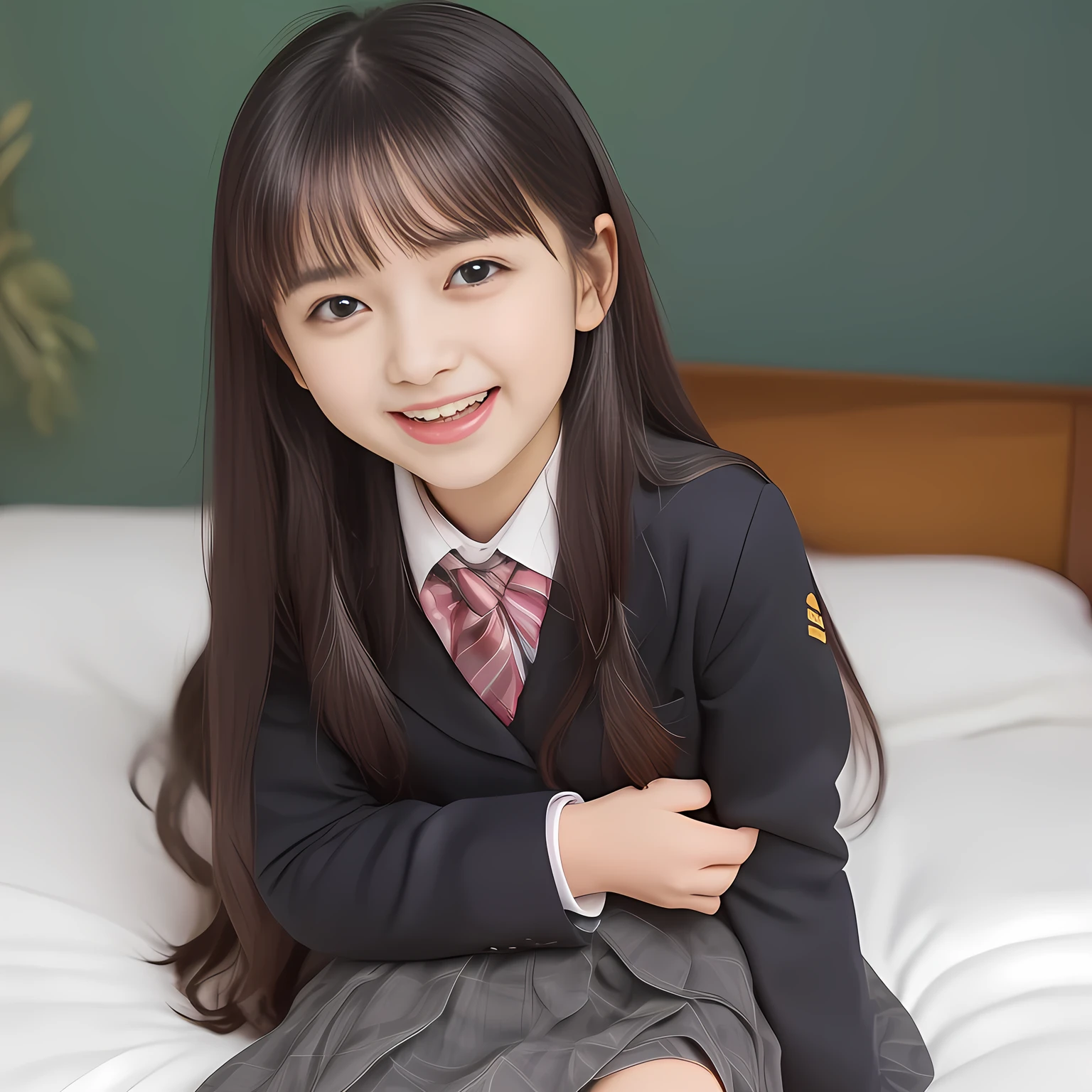 (Highest quality, masterpiece:1.2), Highest quality, High resolution, 1080P, 8k, clearly detailed, (Noble super-pretty shining-long-hair super-beautiful super-bewitching super-cute expensive school-uniform pretty slender 14yo-fashion-model of most-beautiful-school-uniform-girl-models photo-magazine in Japan, too beautiful aristocratic daughter is lying and pulling the viewer into the noble-royal-pink-girly-gorgeous-huge-soft-bed forcibly, laughing at the viewer, in supreme bliss, accepts the viewer's every desire: 2.0), (very bewitching beautiful full-open lips: 1.4), (neat gorgeous school uniform of private high school in Japan. navy-school-blazer with gold-emblem, super-neat navy-blue-tartan-checkered blue-pleats-school-skirt, super-girly plain-red ribbon on the breast: 1.5), (bewitching expression, smile, lips, and pose to corrupt the viewer, everything is planned and prepared to corrupt the viewer into the allusion of love towards the girl: 1.2), (clearly detailed foreground focusing on girl's beauty and cuteness, gorgeous blue girly bed background of full-of-girls girly-heaven: 1.2), (extending her arms to the viewer like requesting hugging, calling out the name of the viewer loudly), (navy checkered school skirt), (full body shot), (several golden heart cute accessories)