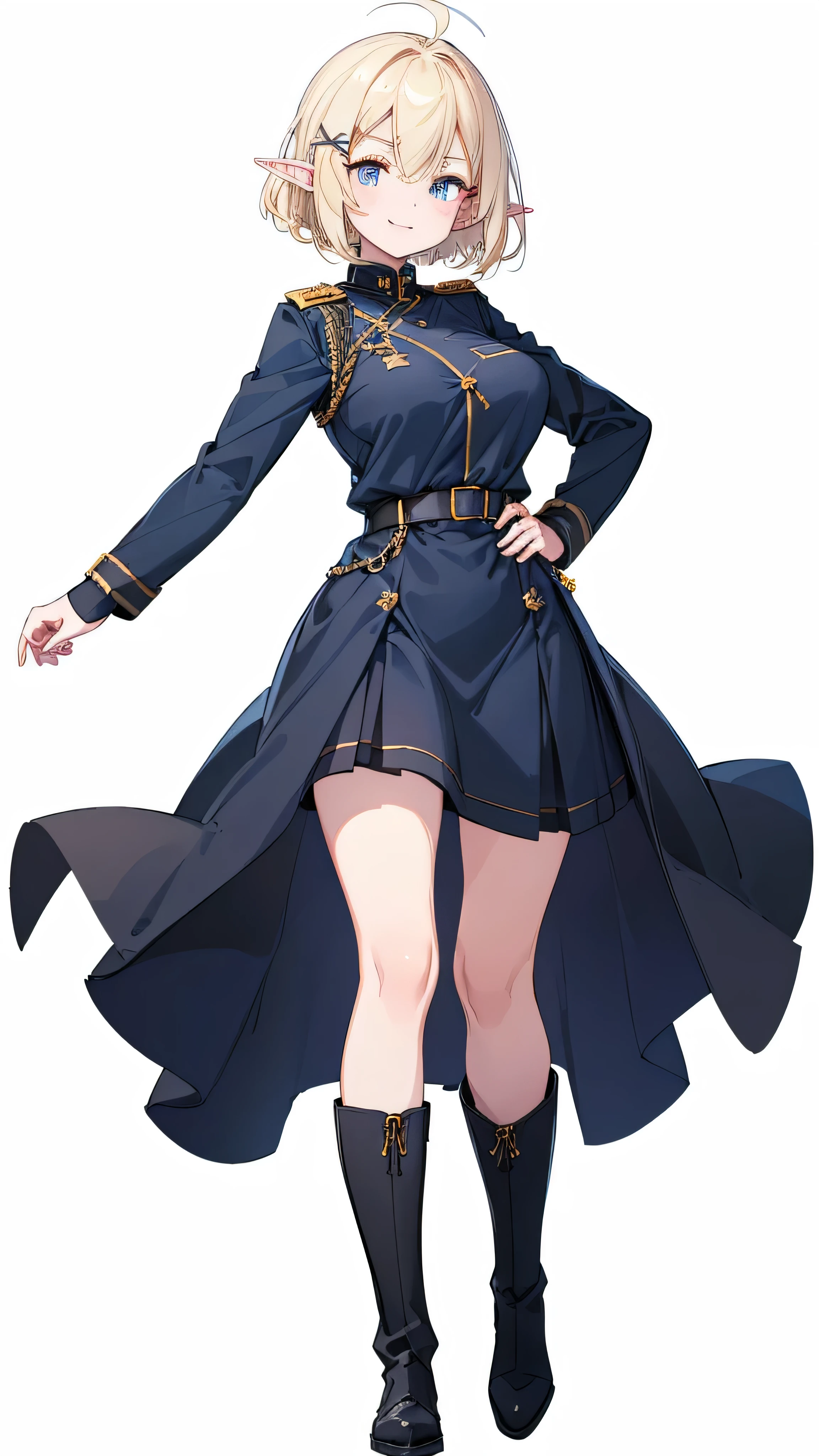 masterpiece,  top quality,((Full body image of a tall elf woman ,Standing straight with chest stretched, full body image )),Crisp, saggy eyes,Perfect dark blue eyes , (( blonde short hair)),Ahoge,((Big Breasts)),(((Dark dark blue long sleeve military uniform with thick hairpins on the bangs in an X shape ))), black knee-high boots ,(thick black thigh high socks),((black long sleeve military uniform with skirt)),((((Solid white background)))),thin arched eyebrows, white skin, looking here, big smile when looking back,  I don't have anything in my hands ,One hand on hip,Front image