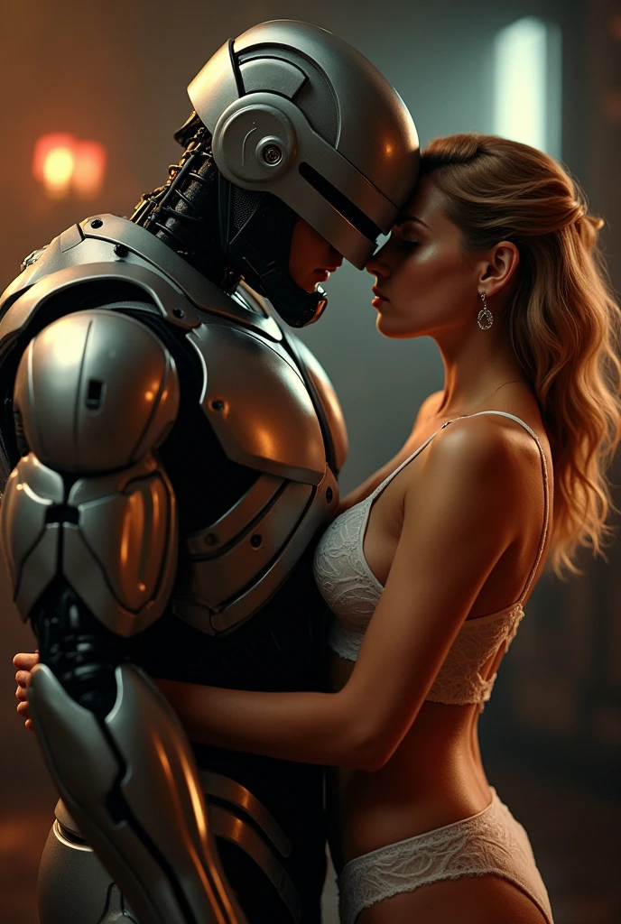 Sexual relationship between a male cyborg and a female cyborg on the roof of a skyscraper, high quality, best quality, absurdres, masterpiece, beautiful, intricate details, 1/2 body crop, slim body, beautiful figure, magnificent anatomy, (intricate details:1.12), HDR, (intricate details, hyper-detailing:1.15), (natural skin textures, hyper realisitc, soft light, Sharp:1.2)