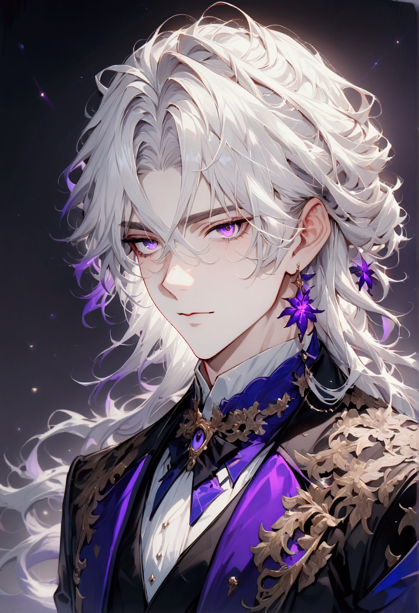 ((Best Quality)), (High Image Quality), ((Detailed Eye Description)), ((masterpiece)), ((Detailed:Face)), ((Handsome)), ((Detailed:eyes)), Solo,((perfect male body)), ((Detailed:Clothes)), ((Detailed:Hair)), ((High Detailed Purple Eyes)), (White Hair), Shadow perm Hairstyle, formal clothing, (Galactic like eyes), (Detailed hair flow), Mesmerizing eyes