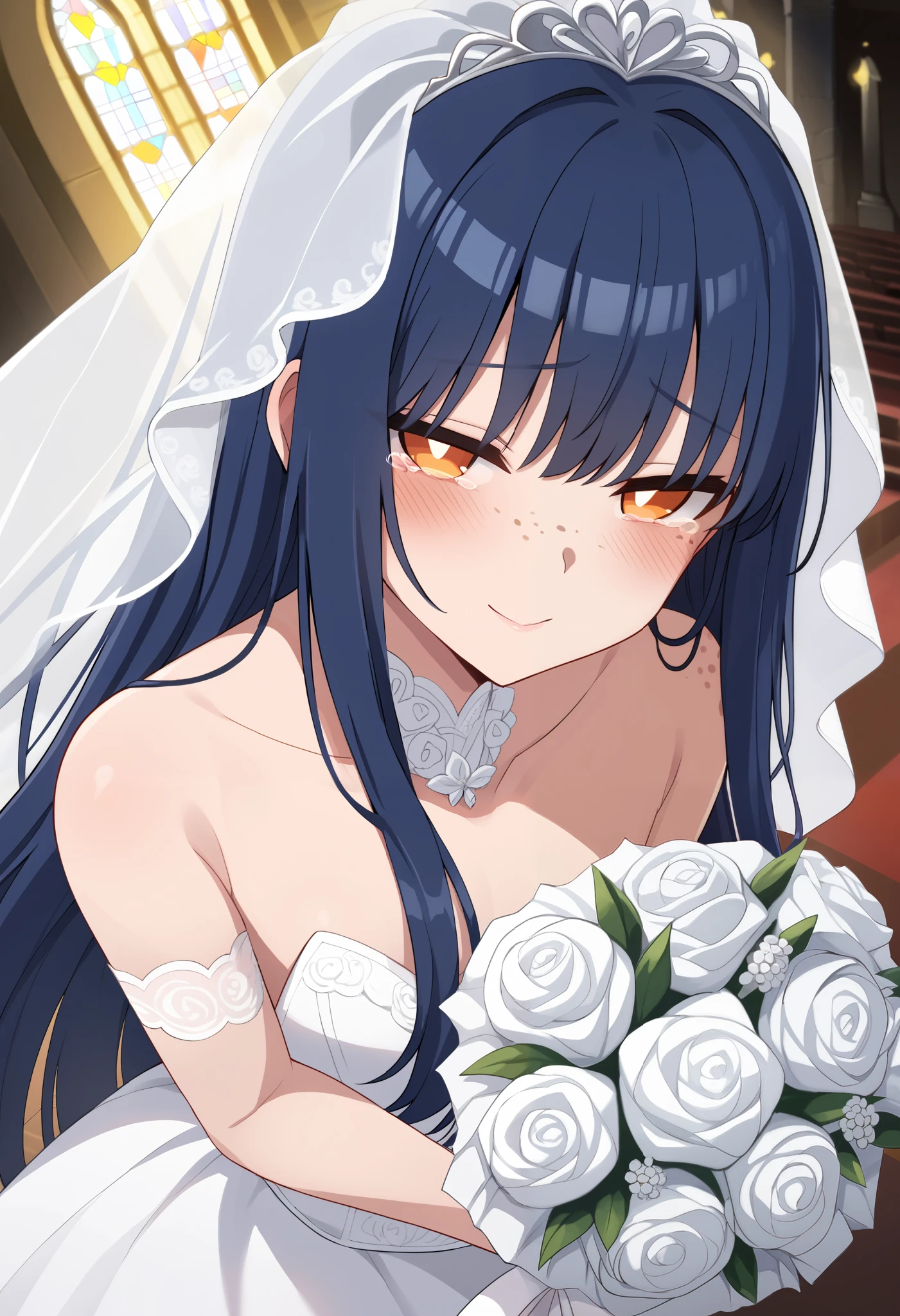 (1boy), otoko no ko, crossdressing, dark blue hair, long hair, straight hair, bangs, orange eyes, white pupils, (freckles), half-closed eyes, teary eyes, light smile, blush, wide hips, (wedding dress), bouquet, score_9, looking at viewer, indoors, church