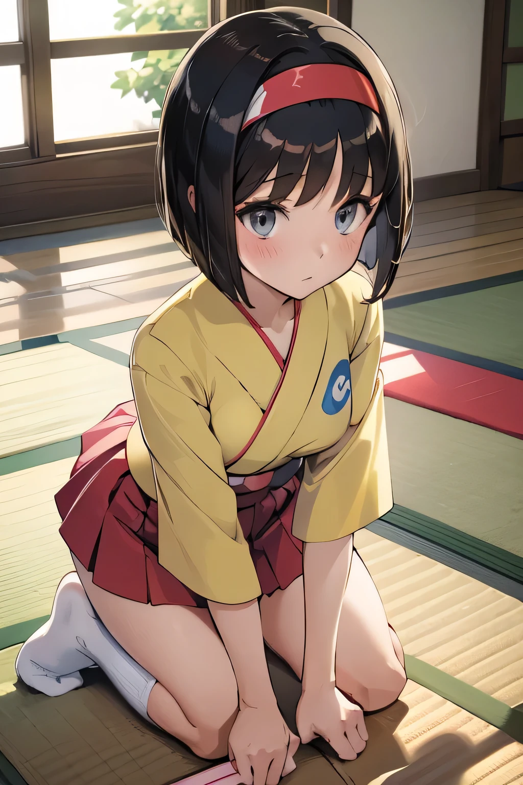 masterpiece, best quality,Erika /(pokemon/), yellow kimono, red hakama skirt, (mini skirt), headband, white socks, bangs, short hair, bob hair, 1girl, indoor, tatami, (all fours:1.5), (white panties), upskirt, medium breast, (pokemon),blush