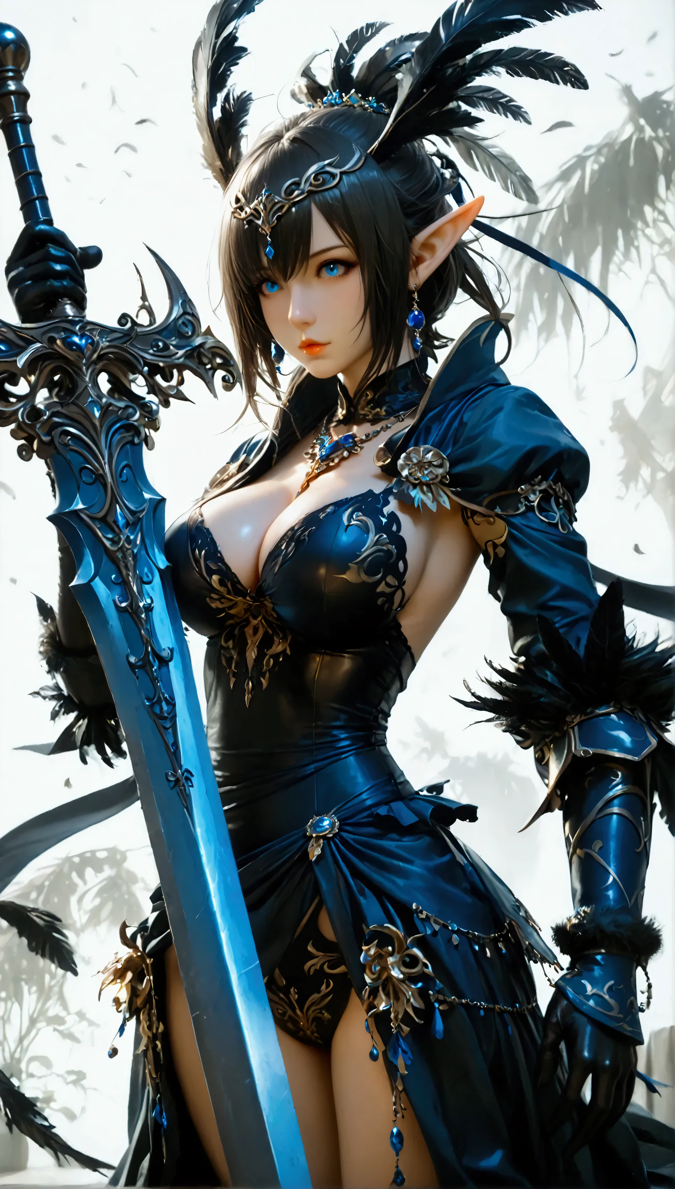 (8k, top quality, Masterpiece , Final Fantasy Style: 1.2),Atmospheric perspective, 8K, Very detailed, Accurate, Highest quality, masterpiece, Very detailed, Sharp focus, High resolution, accurate hand expression, full body shot of a female dark knight elf with holding an intricately decorated heavy great long sword covered in blue flames In her right hand, , Clothes are blown by the wind, fighting against monster, , wearing a luxurious hair ornament made of peacock feathers, (fullbody:1.5),, (nudity:1.3), Complex, Narrow Face, elegant, Wearing a sapphire necklace, deep red lightweight dress with straps, ((large breasts:1.2), (huge breasts:1.2), (Uplifted and well-defined bust:1.2), (lifted chest:1.2), (perky breasts :1.2),(deep cleavage:1.4),(nudity, exposing beasts:1.5)) and a huge waist, (sexy long legs, whole body picture:1.5), ((nudity, exposing beasts:1.5)), To the camera, Very detailed, Digital Painting, Art Station, Concept Art, Smooth, Sharp focus, figure, ArtJam, Greg Rutkowski, Art by Alphonse Mucha, 8K, Volumetric Fog, bloom, light, lumen, Crank blur