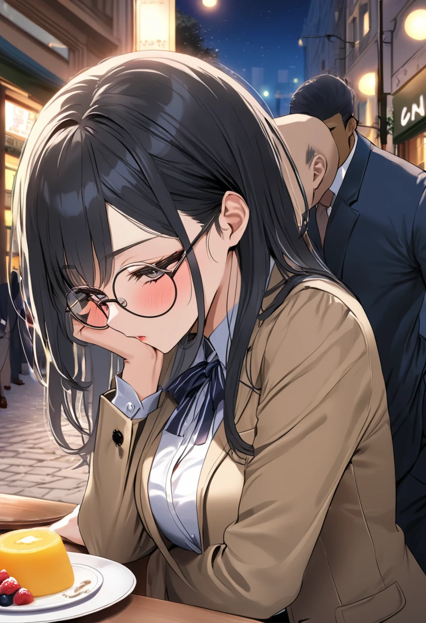 Library: Serious-looking female student(Sucking a man's dick) Black hair, uniform, glasses, looking up