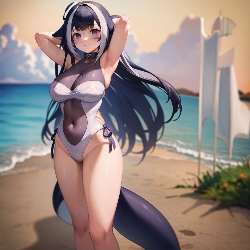 (masterpiece), (ultra-detailed), best quality, 8k, 1girl, solo, outdoors, beach, ocean, shylilythird, :3, large breasts, cleavage,one-piece swimsuit, swimsuit, covered navel, cetacean tail, bell, thighs,arms above head, bare arms, facial mark, standing, cowboy shot, 