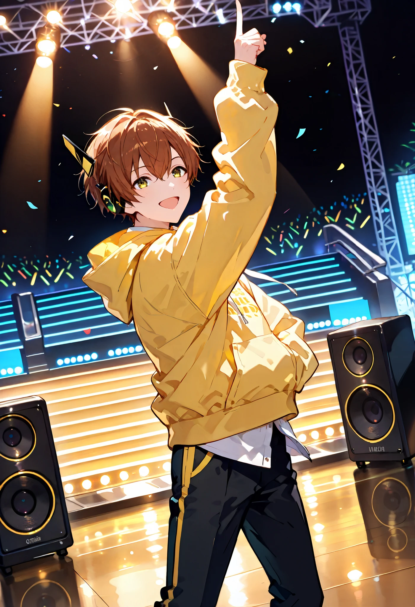 score_9, score_8_up, score_7_up, score_6_up, score_5_up, score_4_up, best quality, masterpiece, 
akito_s, Brown hair, black and yellow jacket over hoodie, black trousers, trainers, 
1boy, Akito singing on a live stage, wearing live costumes, headsets, synchronised stunning dance, colourful stage, super-sized speakers behind them