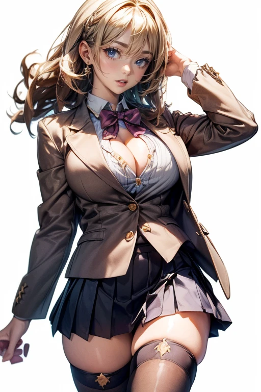 (cowboy shot: 1.5), (white background, simple background: 1.5), (masterpiece:1.5), (big breasts: 1.5), (1 girl: 1.5), young woman, (Beautiful Girl:1.5), (extremely detailed and delicate anime face and eyes:1.5), whole body, (natural light, HDR, extremely details CG:1.3), (dynamic posture:1.3), {correct ????????????}, (wide hips: 1.3), (perfect hands: 1.5), single focus, toned body, Beautiful Lips, thick lips, {surreal}, {correct posture}, {minutes details}, {detailed body}, {detailed clothing}, (Bright Eyes: 1.3), (cleavage: 1.3), {accessories}, {sexy}, Korean school uniform, (Short blazer: 1.5), (white blouse: 1.3), long sleeves jacket, (High waist pleated skirt:1.5), (Plaid skirt: 1.3), high waist skirt, (Strap pleated skirt: 1.3), Strap, drawstring shirts, (pearl bow tie: 1.3), Hakama bow, (naby blue pantyhose: 1.5), black heels shoes, jewelry, (hairband: 1.3), earrings, (disdain look: 1.3), (medium hair 1.5), (peach hair: 1.5), (beehive hairdo: 1.3), (swept bangs: 1.5), glowing hair, (bright plum eyes: 1.3),