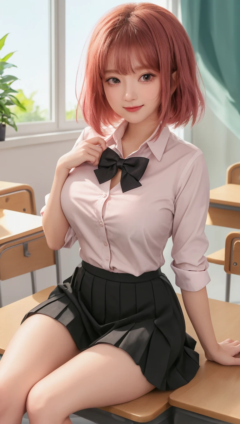 (RAW photo, best quality), (realistic, photo-realistic:1.3), masterpiece, extremely delicate, extremely detailed, CG, unity , 2k wallpaper, amazing, fine detail, light smile, extremely CG unity 8k wallpaper , huge file size, super detailed, highres, absurdres, soft light, (((medium hair:1.3), short bang, pink hair, floating hair novafrogstyle)), beautiful detailed girl, detailed fingers, very detailed eyes and face, beautiful and delicate nose, beautiful and delicate eyes, long eyelashes, light on the face, looking at the audience, (Shut Up: 1.2), 1girl, cute, young, mature face, (Full body: 1.3), ((Small breasts)), realistic face, realistic figure, beautiful and detailed thighs, (ulzzang-6500-v1.1:0.8), suit, cross-lace, stand up collar shirt, open clothes, in the office, detail office, open cardigan, black stockings, mini skirt, black lingerie, unbuttoned shirt,