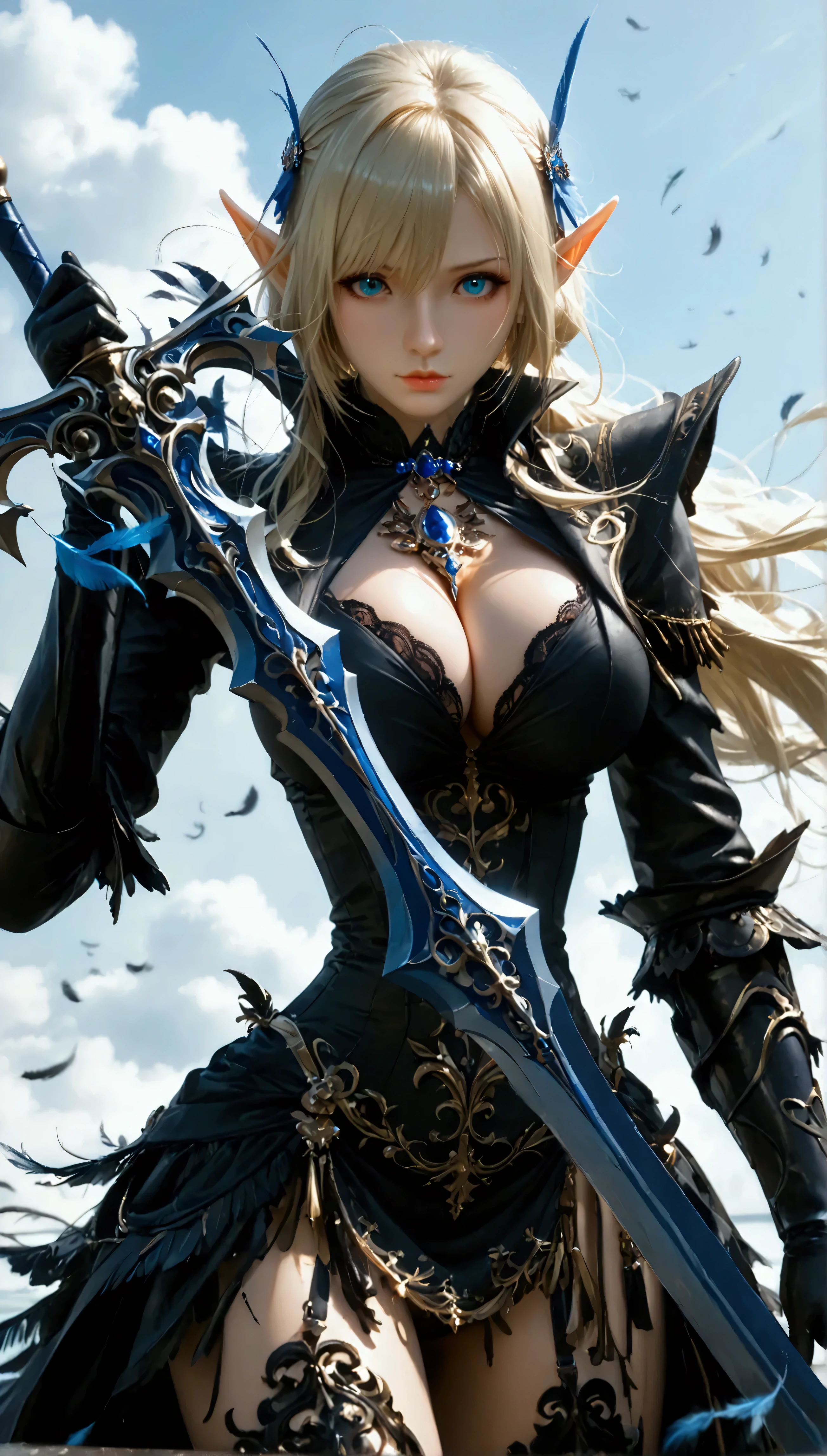 (8k, top quality, Masterpiece , Final Fantasy Style: 1.2),Atmospheric perspective, 8K, Very detailed, Accurate, Highest quality, masterpiece, Very detailed, Sharp focus, High resolution, accurate hand expression, full body shot of a female dark knight elf with holding an intricately decorated heavy great long sword covered in blue flames In her right hand, , Clothes are blown by the wind, fighting against monster, , wearing a luxurious hair ornament made of peacock feathers, (fullbody:1.5),, (nudity:1.3), Complex, Narrow Face, elegant, Wearing a sapphire necklace, deep red lightweight dress with straps, ((large breasts:1.2), (huge breasts:1.2), (Uplifted and well-defined bust:1.2), (lifted chest:1.2), (perky breasts :1.2),(deep cleavage:1.4),(nudity, exposing beasts:1.5)) and a huge waist, (sexy long legs, whole body picture:1.5), ((nudity, exposing beasts:1.5)), To the camera, Very detailed, Digital Painting, Art Station, Concept Art, Smooth, Sharp focus, figure, ArtJam, Greg Rutkowski, Art by Alphonse Mucha, 8K, Volumetric Fog, bloom, light, lumen, Crank blur