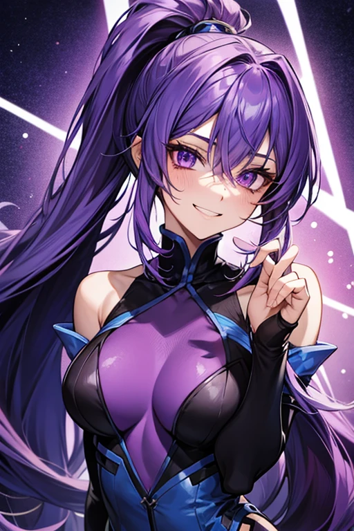 Horror Art, (Dark Anime Alien Girl), (((((blue skin))))), (((((Purple Hair))))), bright, Black cloth, sharp short clothes, Dark fantasy setting, Dark Cave,Ray Tracing, masterpiece, Highest quality, super high quality, Absurd detailed, best Light, Best Shadow, sharp, sharp image, detailed, extremely detailed, Incredible resolution, 8k, 4K, Ultra-high resolution, Particle Effects, Beautiful Effects, Vibrant colors, neon Light, neon, Light,(corruption:1.2),(Hollow Eyes:1.2),(Groin tattoo:1.3),(Lower abdomen tattoo:1.3),(masterpiece),(Wicked Smile:1.3), (Highest quality), (Super detailed), One girl, Red eyes