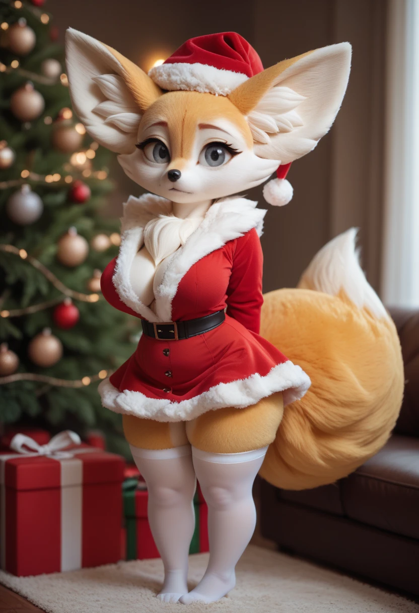 solo, furry female, fennekin, white body, busty, tall, soft body, fluffy tail, bored, with christmas suit, standing, cute female, big eyes, beautiful grey eyes, white stockings