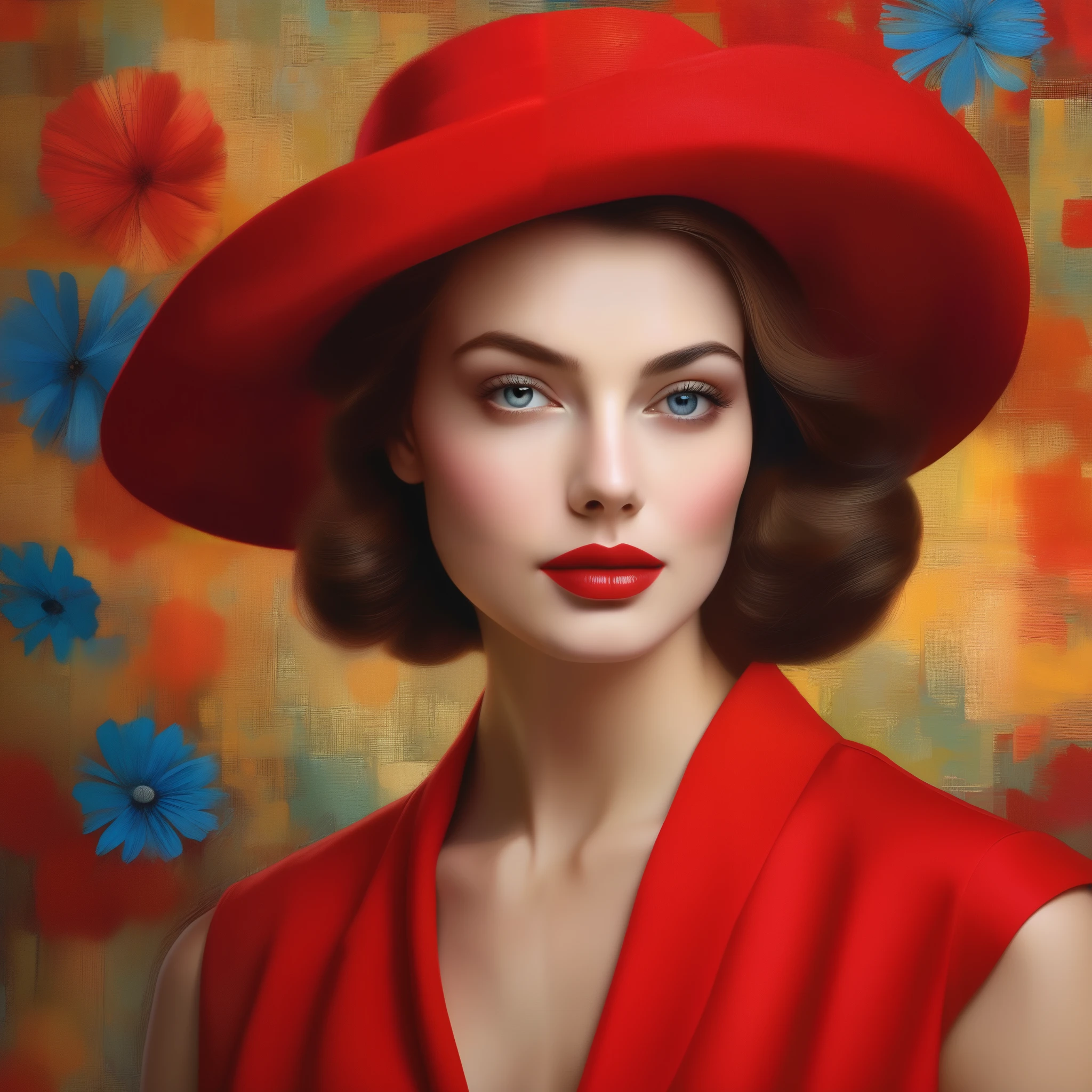 half-length portrait of a woman dressed in vibrant, organic linen , lips painted in intense red , eyes enriched with long eyelashes , captured in a pop art style , whimsically blurred background , executed with sleeveless , natural-inspired lighting , detailed with hyper-realistic touches , in the characteristic style of Mandy Disher , high-quality masterpiece , ultra fine, digital painting .