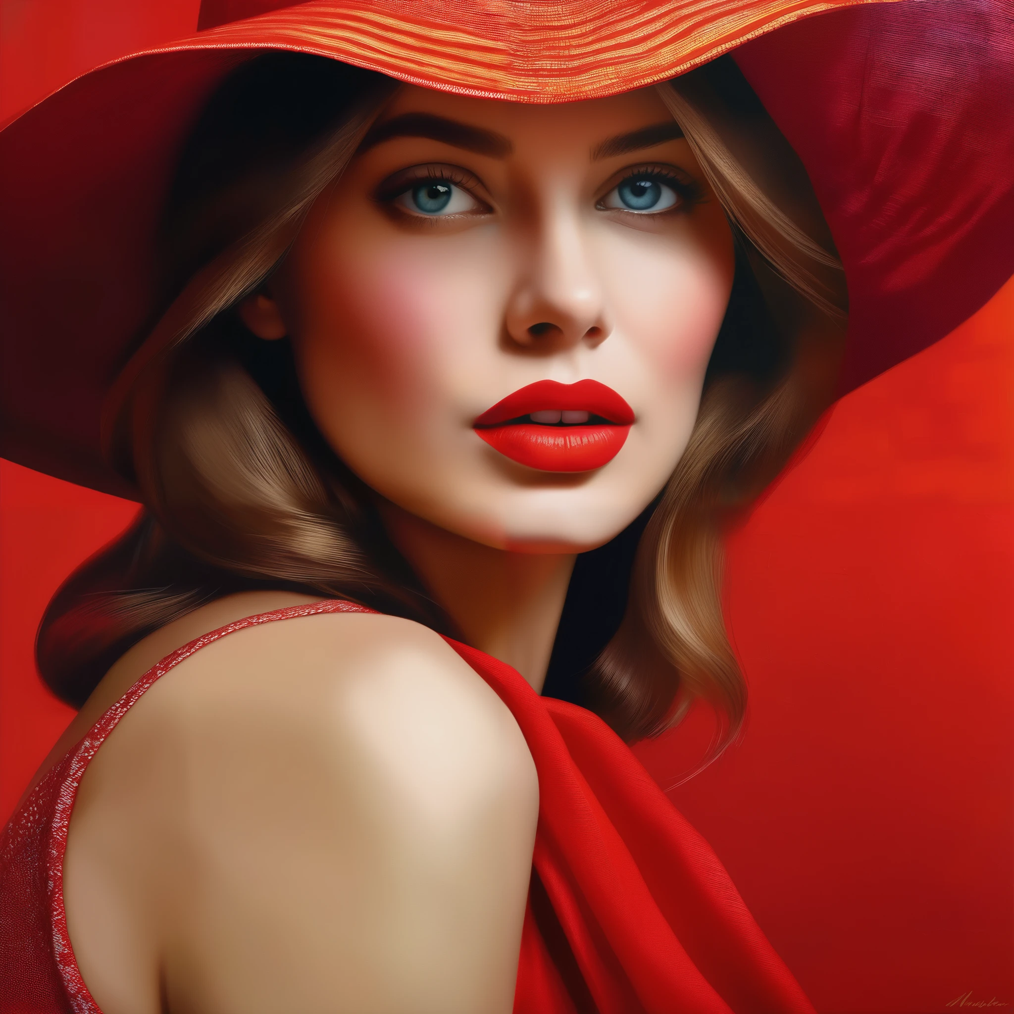 half-length portrait of a woman dressed in vibrant, organic linen , lips painted in intense red , eyes enriched with long eyelashes , captured in a pop art style , whimsically blurred background , executed with sleeveless , natural-inspired lighting , detailed with hyper-realistic touches , in the characteristic style of Mandy Disher , high-quality masterpiece , ultra fine, digital painting .