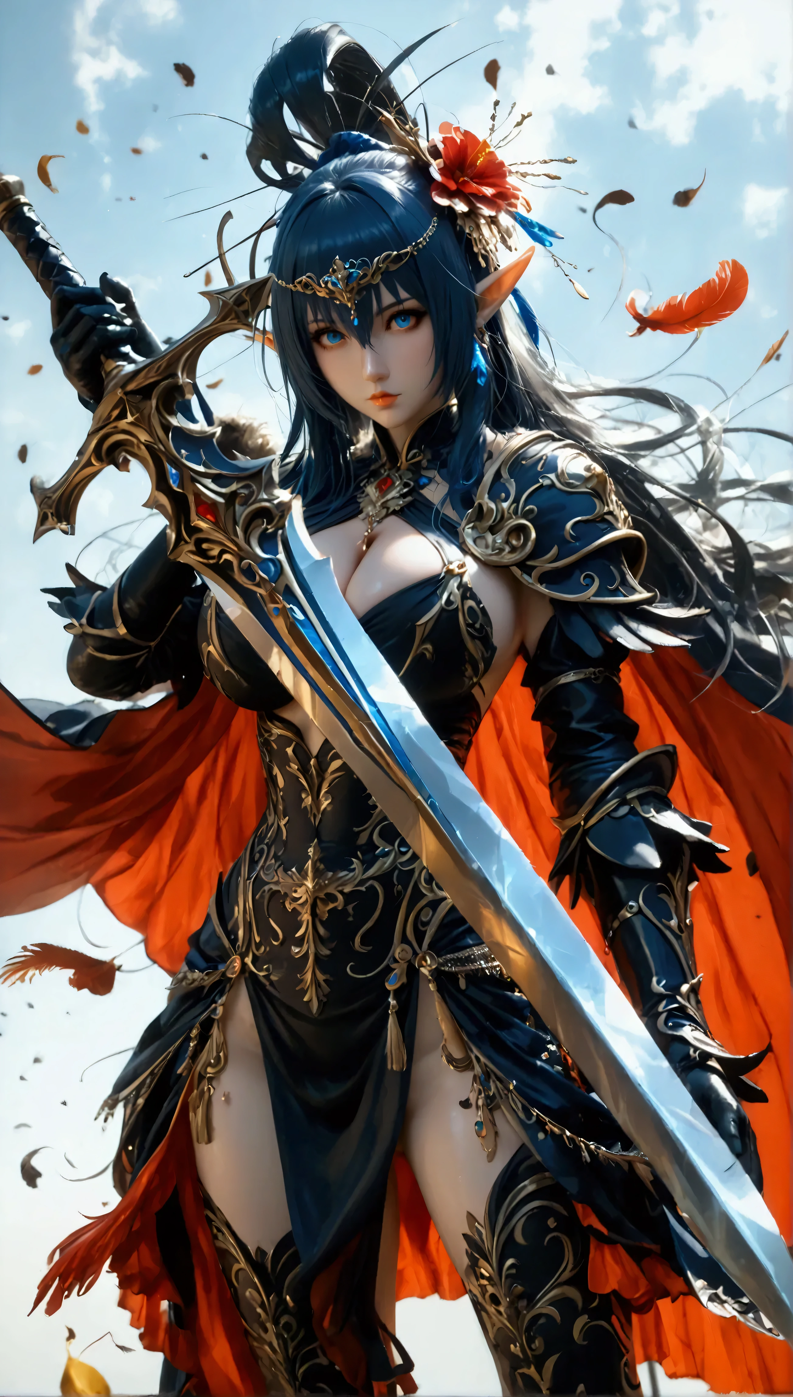 (8k, top quality, Masterpiece , Final Fantasy Style: 1.2),Atmospheric perspective, 8K, Very detailed, Accurate, Highest quality, masterpiece, Very detailed, Sharp focus, High resolution, accurate hand expression, full body shot of a female dark knight elf with holding an intricately decorated heavy great long sword covered in blue flames In her right hand, , Clothes are blown by the wind, fighting against monster, , wearing a luxurious hair ornament made of peacock feathers, (fullbody:1.5),, (nudity:1.3), Complex, Narrow Face, elegant, Wearing a sapphire necklace, deep red lightweight dress with straps, ((large breasts:1.2), (huge breasts:1.2), (Uplifted and well-defined bust:1.2), (lifted chest:1.2), (perky breasts :1.2),(deep cleavage:1.4),(nudity, exposing beasts:1.5)) and a huge waist, (sexy long legs, whole body picture:1.5), ((nudity, exposing beasts:1.5)), To the camera, Very detailed, Digital Painting, Art Station, Concept Art, Smooth, Sharp focus, figure, ArtJam, Greg Rutkowski, Art by Alphonse Mucha, 8K, Volumetric Fog, bloom, light, lumen, Crank blur