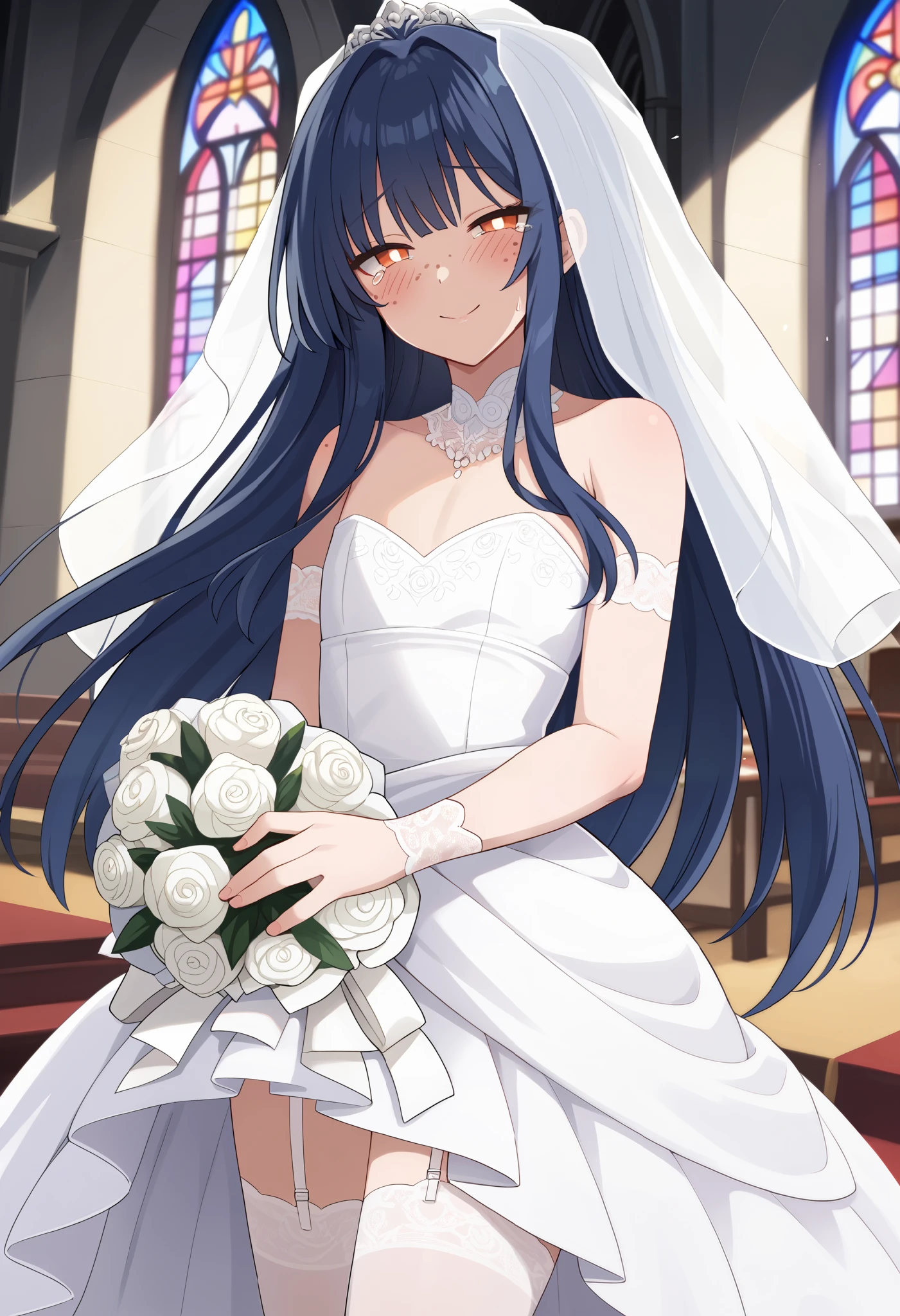 (1boy), otoko no ko, crossdressing, dark blue hair, long hair, straight hair, bangs, orange eyes, white pupils, (freckles), half-closed eyes, teary eyes, light smile, blush, wide hips, (wedding dress), bouquet, score_9, looking at viewer, indoors, church