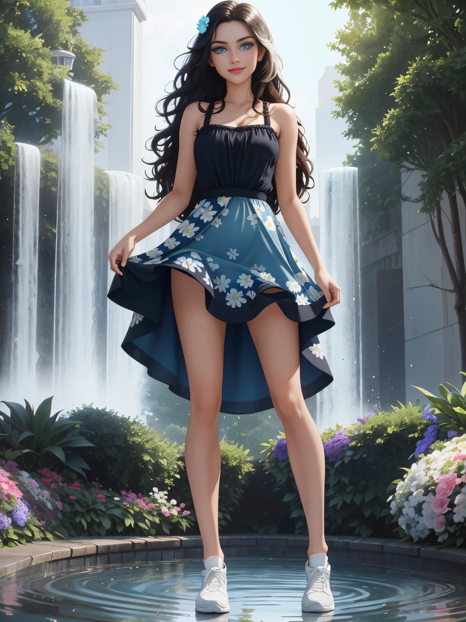 full body image of woman, instagram model.  Standing in a fountain, water to her knees.  Water knee deep.  Full body portrait of A fashion model, glamour, black very long wavy hair, (((bright blue eyes))), mischevious smile, very detailed face, very detailed eyes.  (( floral, low cut sundress)), upskirt, lifting skirt to avoid it getting wet.  tiny highleg (((white))) panties, skirtlift, breasts, cleavage, white running shoes, bokeh, 8K, High quality, Masterpiece, Best quality, HD, Extremely detailed, voluminetric lighting, Photorealistic