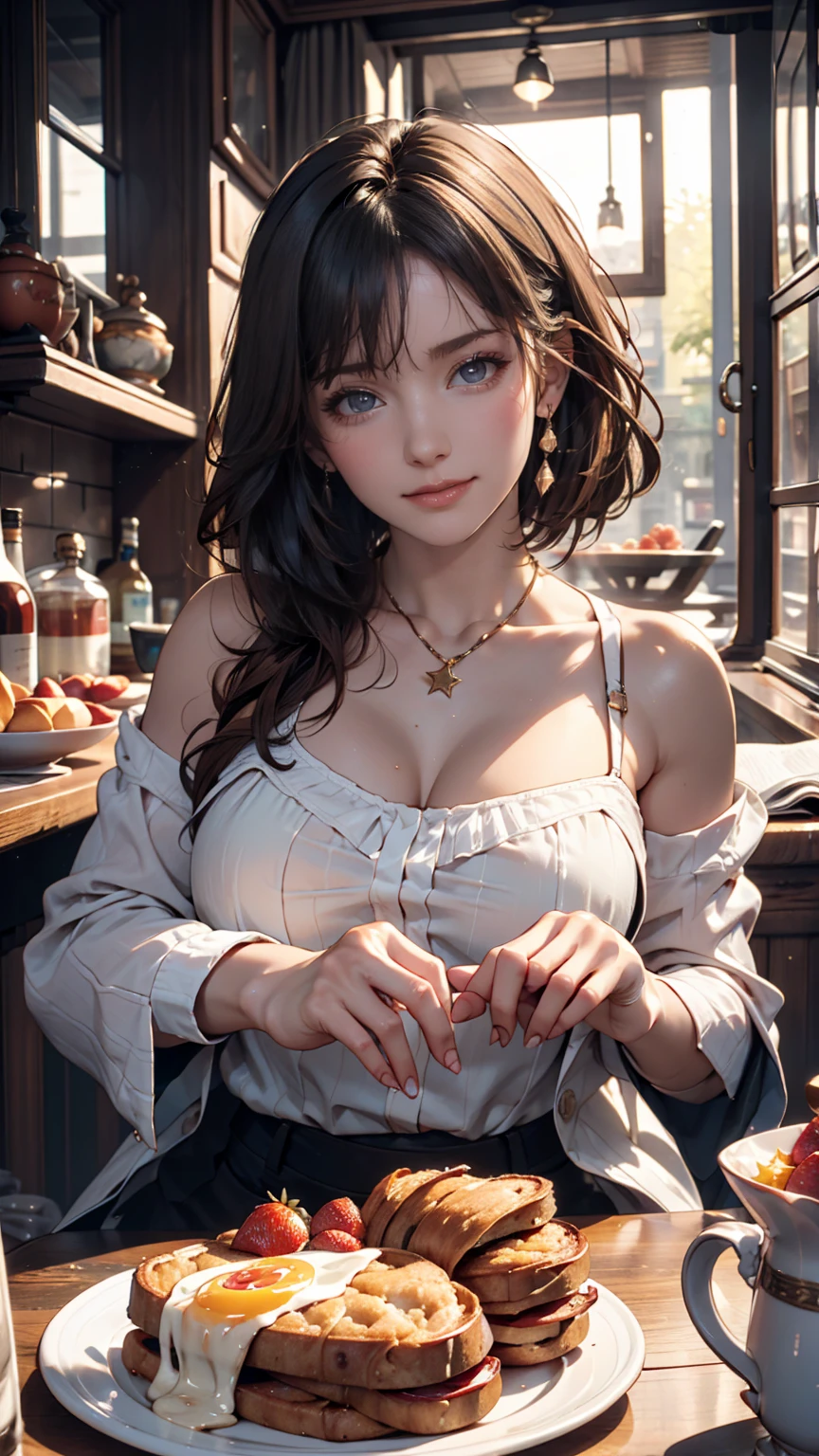 Beautiful Female Hair Portrait Photography by JoSkriver , Double Bang, Serve food in the restaurant, Bright red lips, (masterpiece) (Highest quality) (detailed) (8K) (High resolution) (wallpaper) (Cinema Lighting) (Sharp focus) (Complex)