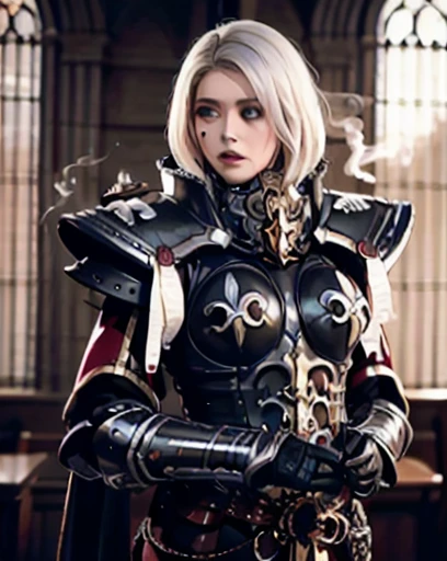 portrait of (SOB adepta sororitas:1.1), surreal concept art of sister of battle wearing full metal armor, breastplate, pauldrons, armored gloves, detailed armor, (Elizabeth Olsen:1.1), bobcut white hair, (dark eyeshadow:1.2), goth makeup, cute, detailed realistic skin, matte skin texture, skin imperfections, looking down,
dark gothic background, inside cathedral, indoors, (stained glass window:1.2), candlelight, (dim lighting:1.2), perfect anatomy, centered, approaching perfection, athletic female,
dark art (masterpiece:1.1), (muted colors, dim colors, soothing tones:1.3), low saturation, smoke, depth of field, detailed, intricate, best quality, high quality, highres, absurdres, official art, dim lighting, soft lighting, 1girl, upper body,
