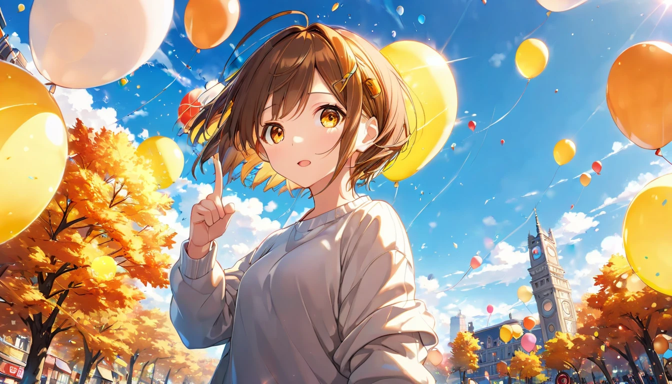 background： yellow balloon floating in the blue sky 、 autumn scenery with clear air 。  
expression： looking up at the sky with interest 。  
Costume： sweater and casual pants 。  
 pose：Stopping in a square 、 pointing at a balloon 。  
scene：( brown-haired girl wearing headphones ), ( A moment with a beautiful contrast between the blue sky and the balloon), (glowing:1.4), ( very detailed , masterpiece,  top quality,  bright ), ( anime style), ( upper body or close-up ), ( orange eyes), (masterpiece:1.2), (best quality), (ultra detailed), (extremely detailed), (absolutely resolution), absurdres, 8k, 1girl, beautiful-landscape-background, shiny skin, break, ultra detailed eyes, bobcut。  
