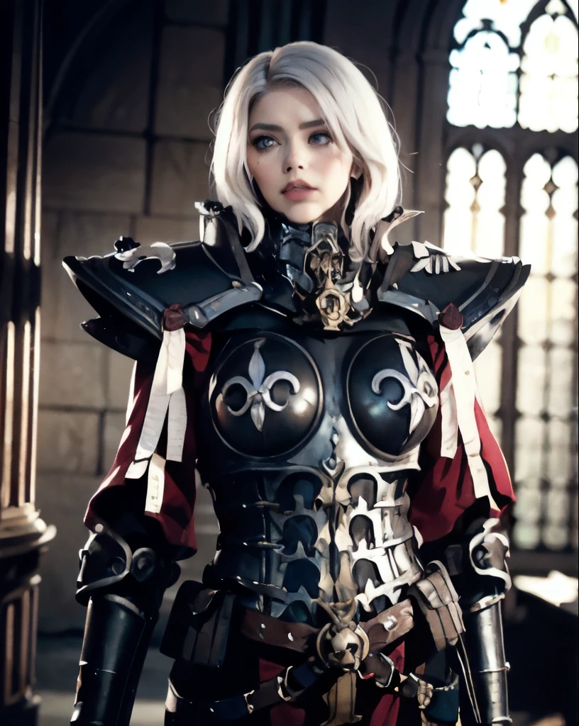 portrait of (SOB adepta sororitas:1.1), surreal concept art of sister of battle wearing full metal armor, breastplate, pauldrons, armored gloves, detailed armor, (Elizabeth Olsen:1.1), bobcut white hair, (dark eyeshadow:1.2), goth makeup, cute, detailed realistic skin, matte skin texture, skin imperfections, looking down,
dark gothic background, inside cathedral, indoors, (stained glass window:1.2), candlelight, (dim lighting:1.2), perfect anatomy, centered, approaching perfection, athletic female,
dark art (masterpiece:1.1), (muted colors, dim colors, soothing tones:1.3), low saturation, smoke, depth of field, detailed, intricate, best quality, high quality, highres, absurdres, official art, dim lighting, soft lighting, 1girl, upper body,
