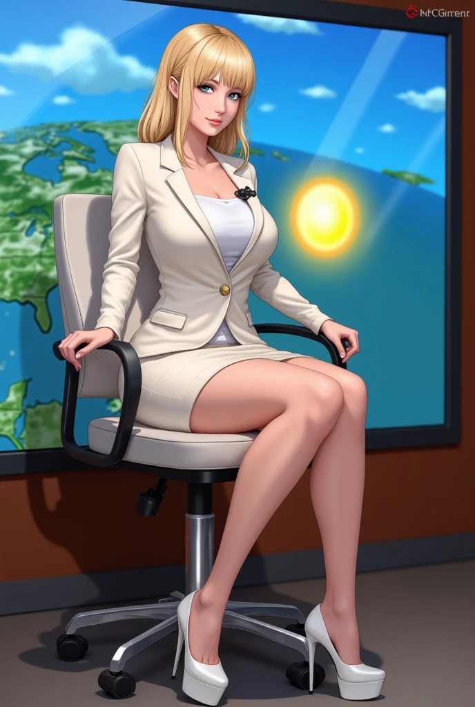 1 Female、European whites、Blonde、Super beautiful、Facial beauty、 sexy、I'm sitting on a chair placed in front of a big screen with a weather map、 spread your legs、Voluptuous thighs、Weather forecast announcer、Top brand suits、Light-colored blazer 、 Mini Skirt、 white shirt、Bare legs、A pin microphone is attached to the collar、 high heels、Clothing、Broadcasting Equipment、TV news studio、At SFW