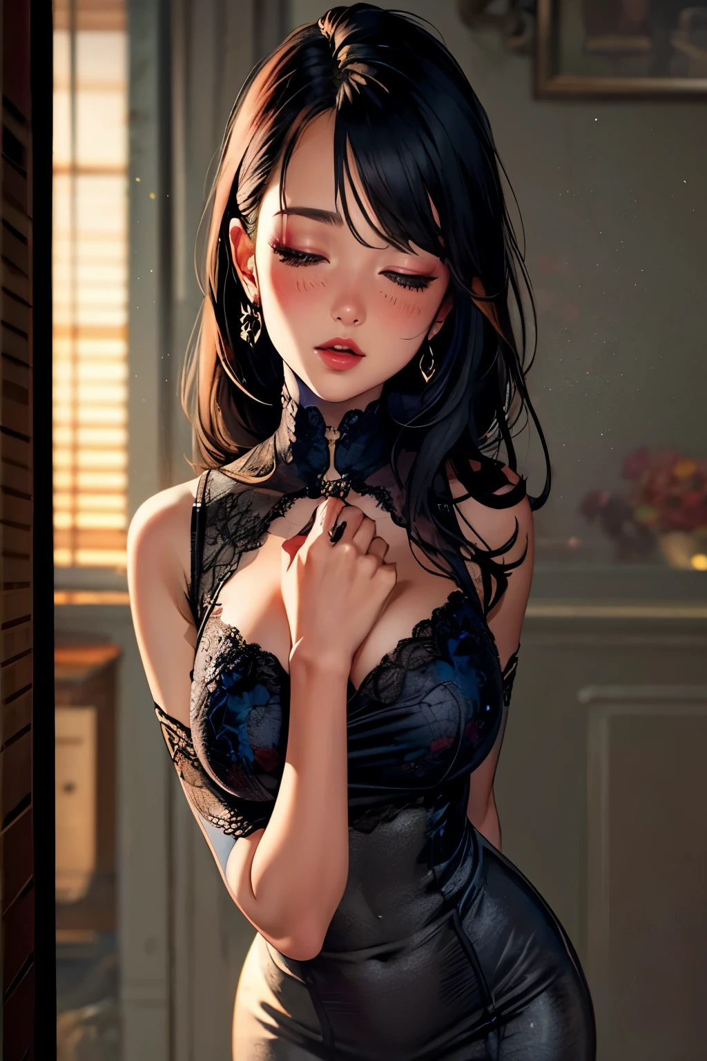 ((((absurdres, RAW photo, extremely delicate and beautiful, masterpiece, Best Quality, ultra high resolution, 32k, hyperrealistic, ultra-detailed)))), in her 20s, very Slim body, narrow waist, very small head, very small face, delicate facial features, beautiful face, beautiful eyes, ((very huge round tits)), medium hair, black hair, wavy hair, tearful mole, earring, full body shot, off-the-shoulder cut top, sofa,