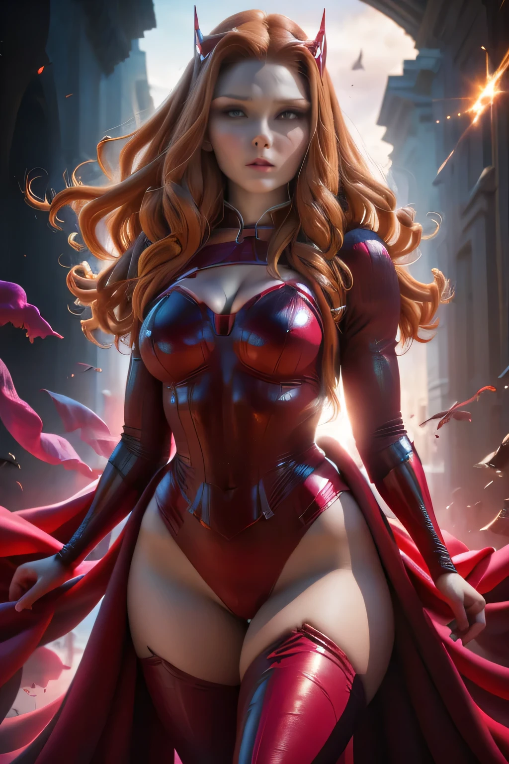 ((best quality)), (( masterpiece )), (detailed), (4k), (8K), 1girl, (scarlett witch), ((Diadema de scarlett witch)), beautiful,  perfect face,  shiny skin and face , make-up, (aesthetic hands),  detailed hair, wavy,  athletic body . (traje futurista), flying,  red fire headband on both hands, in a city.  View from below. Blurred shadows. View from above from the side. (highly detailed textures), (highly detailed clothes), ( highly detailed skin face ). ( art style ).