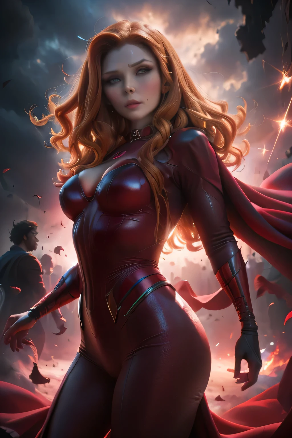 ((best quality)), (( masterpiece )), (detailed), (4k), (8K), 1girl, (scarlett witch), ((Diadema de scarlett witch)), beautiful,  perfect face,  shiny skin and face , make-up, aesthetic hands,  detailed hair, wavy,  athletic body . (traje futurista), flying, Red magic circle superhero pose behind her, in a city.  View from below. Blurred shadows. View from above from the side. (highly detailed textures), (highly detailed clothes), ( highly detailed skin face ). ( art style ).