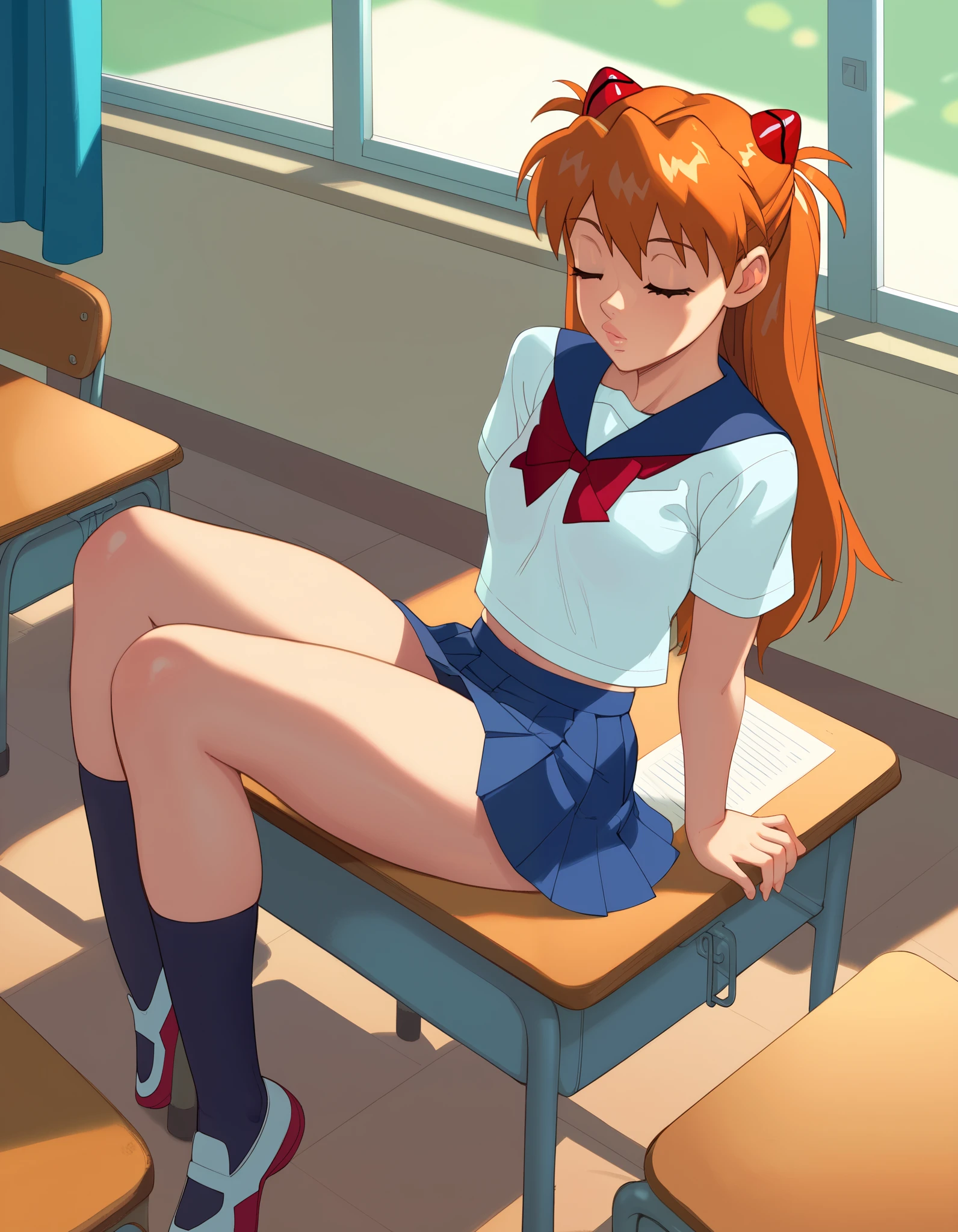  best quality,,detailed,,girl,schoolgirl, sleeping at desk, ,asuka,shapely legs,, asuka evangelion , asuka school costume NSFW, , curvy, small breast, beautiful face, sleeping, bent over desk, sitting, face down, upskirt, cameltoe, looking up shirt, looking down shirt,, , , in a classroom, red orange hair, bitch, slut, slutty pose, popular girl in school, miniskirt, panties, cameltoe, training bra, school uniform, one girl, 
