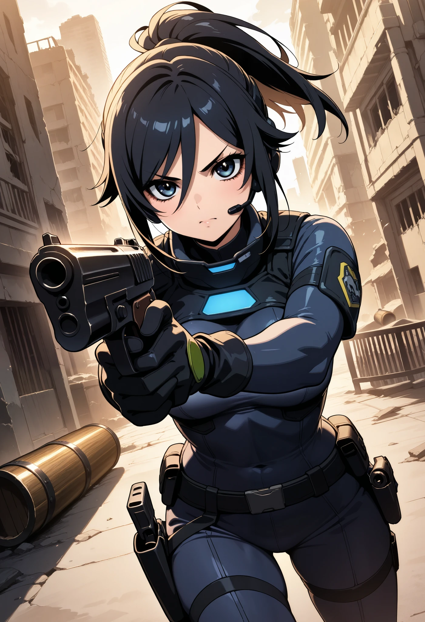 one woman, future female SWAT team members ,( grab a gun and aim here:1.6),(Close-up of the gun barrel:1.6),Very Fitted Black Tactical Bodysuit,tactical headset,tactical holster,Tactical Gloves,break(serious),ponytail,black hair, beautiful face, beautiful eyes, beautiful eyes,Very detailed face, beautiful body,The background is the ruins of a future city , cyberpunk,Beautiful female hands,detailed hands,(ダイナミック:1.6)