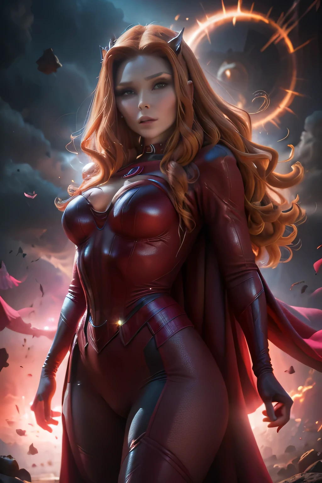 ((best quality)), (( masterpiece )), (detailed), (4k), (8K), 1girl, (scarlett witch), ((Diadema de scarlett witch)), beautiful,  perfect face,  shiny skin and face , make-up, aesthetic hands,  detailed hair, wavy,  athletic body . (traje futurista), walking, Superhero pose, red magic circle behind her, in a city.  View from below. Blurred shadows. View from above from the side. (highly detailed textures), (highly detailed clothes), ( highly detailed skin face ). ( art style ).