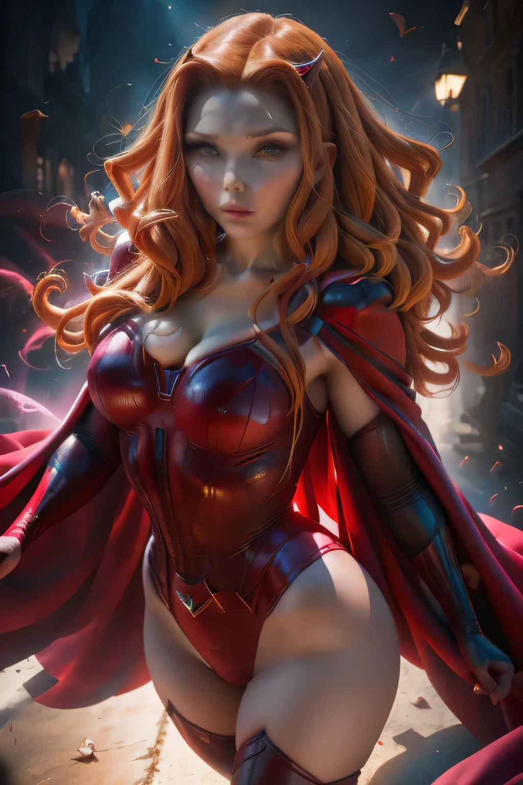 ((best quality)), (( masterpiece )), (detailed), (4k), (8K), 1girl, (scarlett witch), ((Diadema de scarlett witch)), beautiful,  perfect face,  shiny skin and face , make-up, manos perfectas,  detailed hair, wavy,  athletic body . (traje futurista), walking, red magic circle behind her, (in a city).  front view . Blurred shadows. View from above from the side. (highly detailed textures), (highly detailed clothes), ( highly detailed skin face ). ( art style ).