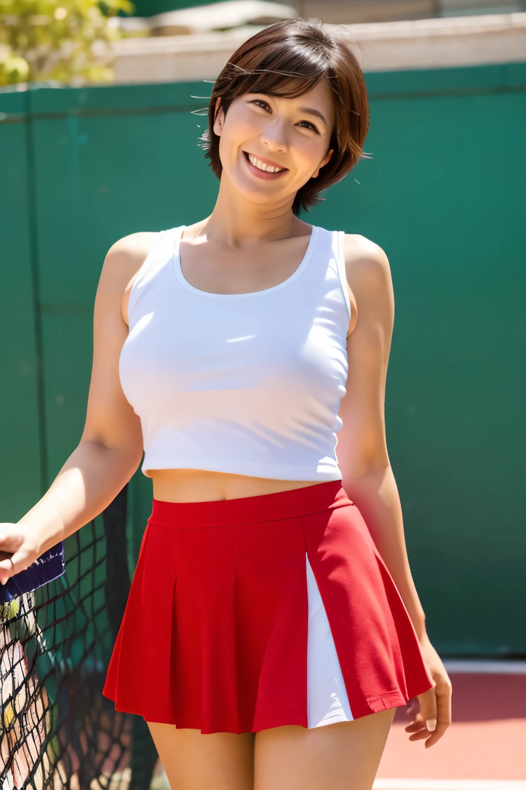 48 years old　Big Breasts　woman　A kind smile　Big eyes　Front teeth　Short Bob Hair　Japanese　classmate　Saggy breasts　Sexy appeal　Tennis Wear　flare skirt, From below:1.5