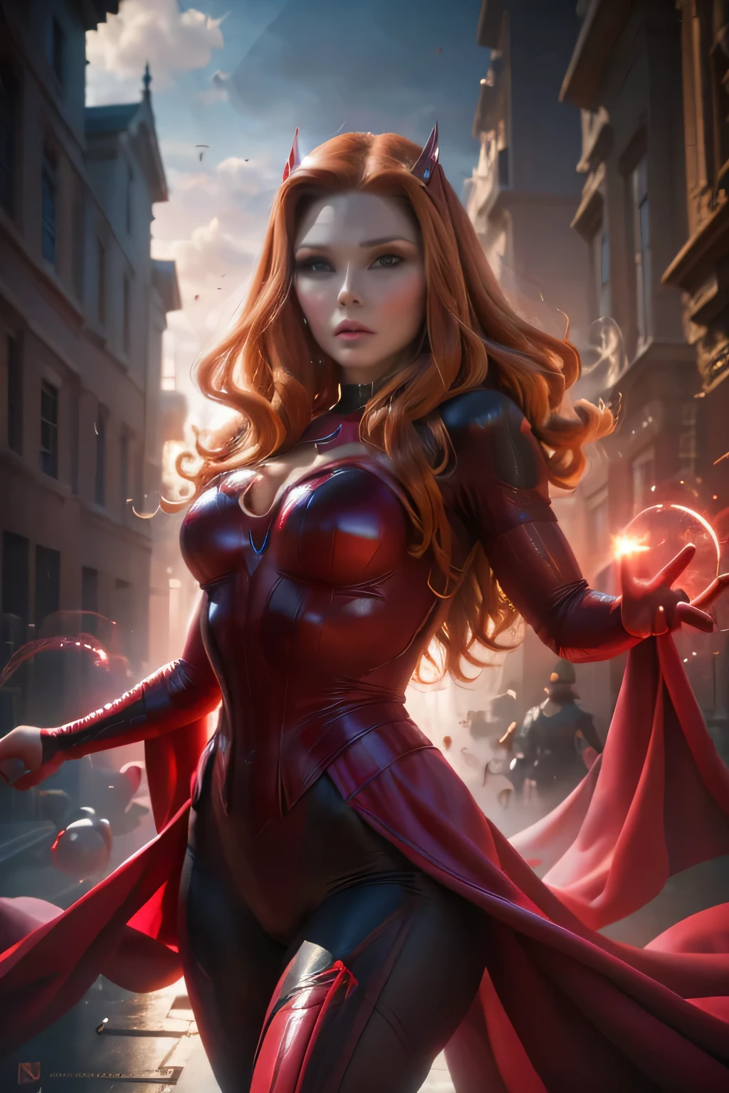 ((best quality)), (( masterpiece )), (detailed), (4k), (8K), 1girl, (scarlett witch), ((Diadema de scarlett witch)), beautiful,  perfect face,  shiny skin and face , make-up, (((Well done hands 2,5))),  detailed hair, wavy,  athletic body . (traje futurista), walking, red magic circle behind her, (in a city).  front view . Blurred shadows. View from above from the side. (highly detailed textures), (highly detailed clothes), ( highly detailed skin face ). ( art style ).