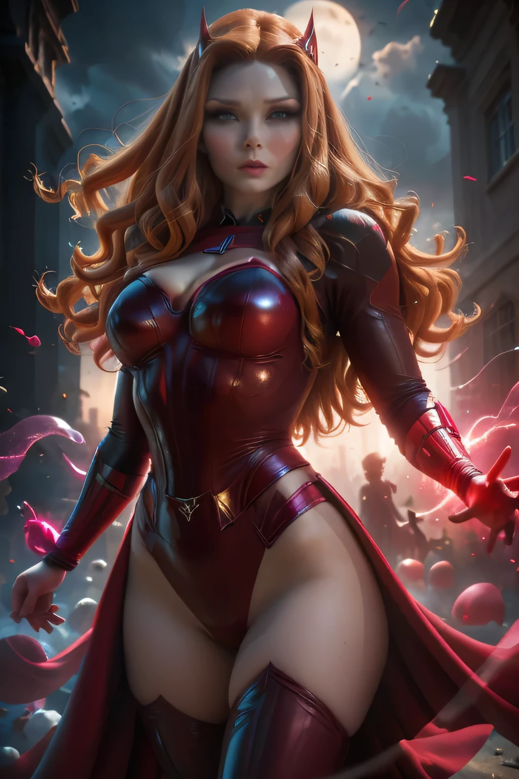 ((best quality)), (( masterpiece )), (detailed), (4k), (8K), 1girl, (scarlett witch), ((Diadema de scarlett witch)), beautiful,  perfect face,  shiny skin and face , make-up, (((Well done hands 2,5))),  detailed hair, wavy,  athletic body . (traje futurista), walking, red magic circle behind her, (in a city).  front view . Blurred shadows. (highly detailed textures), (highly detailed clothes), ( highly detailed skin face ). ( art style ).