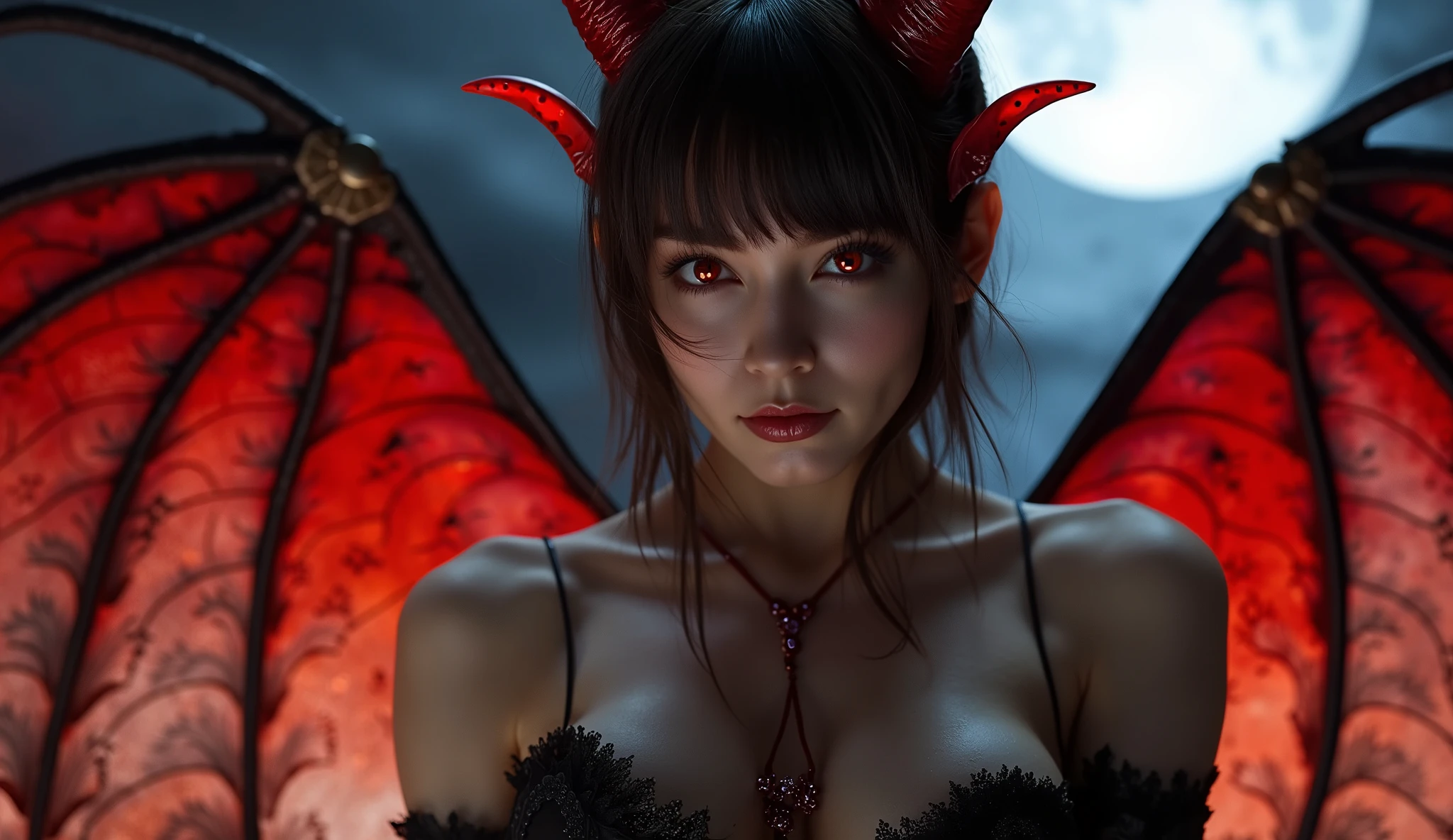 demon woman, red horn, black wings, whole body, red hair, red eyes, dark sky, everything on fire background, long hair, big boobies, slim waist, nude