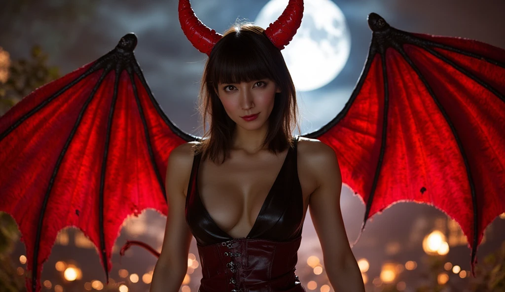 Professional , ​masterpiece、top-quality、photos realistic , depth of fields 、Devil Micro Bikini、（Micro Bikini Armor)、Mystical expression、（cleavage of the breast）、Devil Gold Weapon、Particles of light),Huge arsenal of gorgeous gold ,（（ Dragon Protector （realisticlying：1.4），）） , （demonic wings 、（（A dark-haired））、（demonic wings）、20 years girl、（（Gangle's forest background））、Beautiful Caucasian beauty、１a person、dynamic ungle,(((Two devil's horns on the head)))、Smaller head、Thin and beautiful female hands、cleavage of the breast、Mystical expression、Light Effects、intense fighting、Wind-effect、magic circles、Dragon's tail、knee、Toostock、red tattoo、Anatomically correct body、