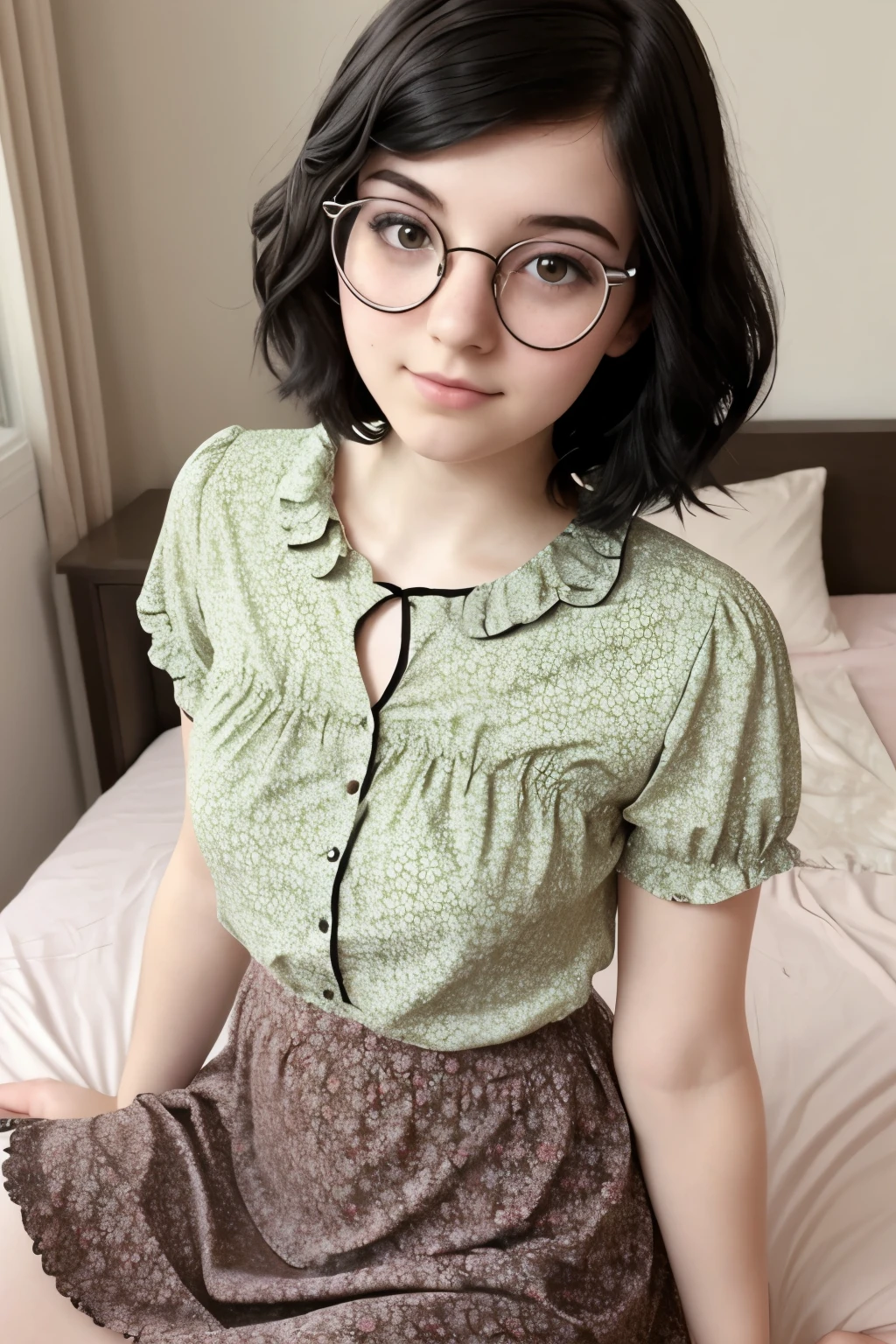 Beautiful girl, short wavy black hair, rough pale skin, freckles, nerd, nerdy, goth, round glasses, floral dress, short skirt, blushing, thick eyeliner, best quality, beautiful face, playful