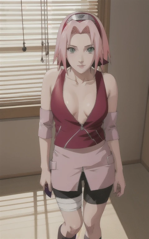 NARUTO_Sakura_Combat_ownwaifu,
1girl, nude, nsfw, haruno sakura, small breast, short hair, pink hair, green eyes, hair intakes, collarbone, forehead protector, headband, red hairband, konohagakure symbol, bike shorts, black shorts, leg wrap, bandaged leg, elbow pads, zipper, zipper pull tab,
((masterpiece)),((best quality)),(highres, absurdres), original, official_art, window, wisteria, loaded_interior, indoors, window_shade, window_blinds, curtains, potted_plant, focused, looking at viewer, solo, standing 