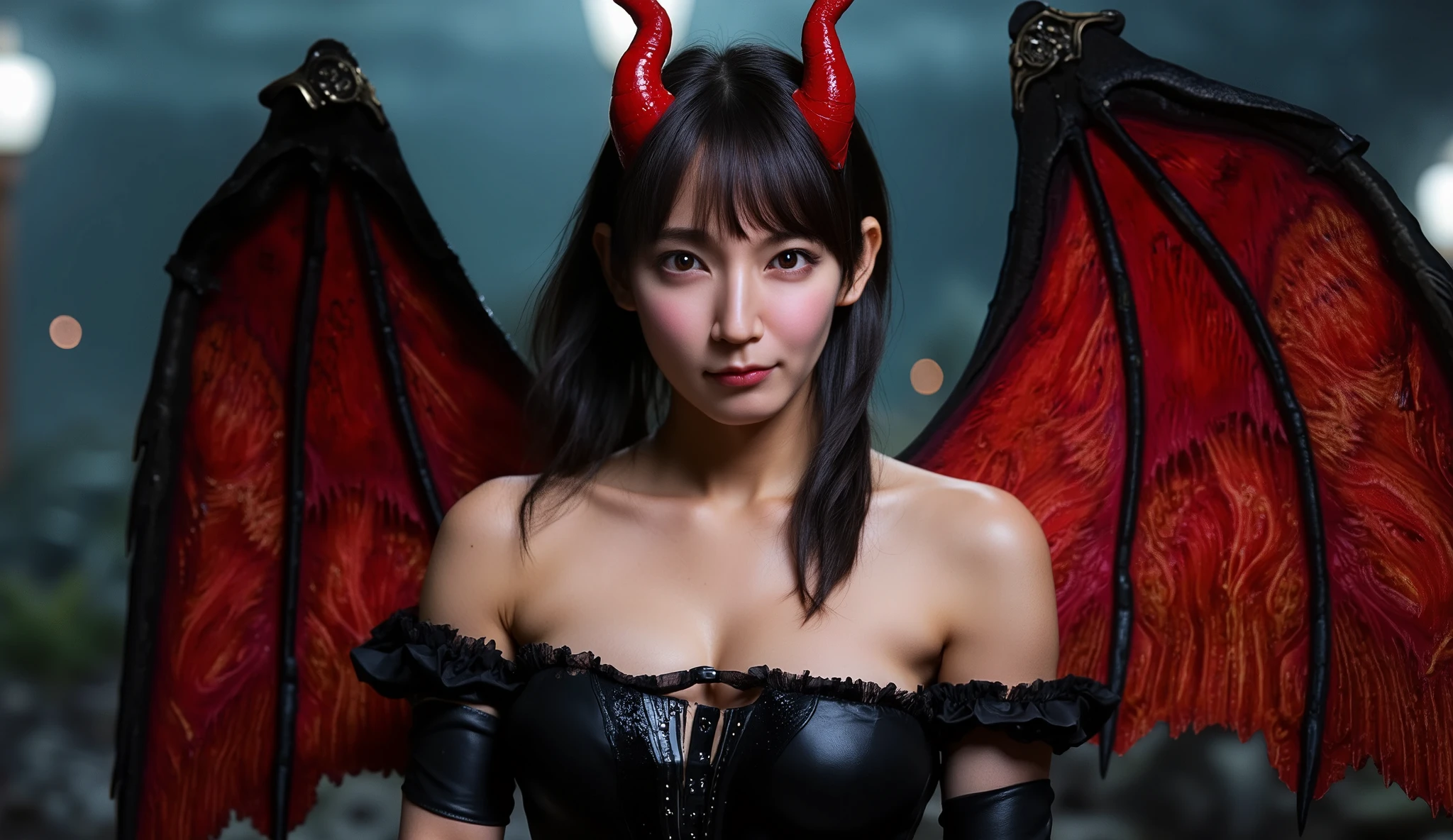 (masterpiece,highest quality,超A high resolution),Japanese women, (((Very beautiful girl))), pretty girl、View Photographer、Front view, ((bob hair)), Super cute face, glossy lips, Double eyelids on both eyes, Natural Makeup, length eyelashes, Shiny and smooth hair, Center image, Perfect limbs, Perfect Anatomy,(((black leather sailor suit、Black leather pleated skirt、belly button))),(((Black Leather Knee High Boots))), (((Very cute 16 year old succubus)))、(((length)))、(((above the head4devil horns in the book)))、(((Black giant dragon wings))、(((Night City))), Halloween, Costume, Shibuya Ward, Browsing Caution,Put out the nipple、topless、Open your mouth wide and stick out your tongue、Licking one's lips、