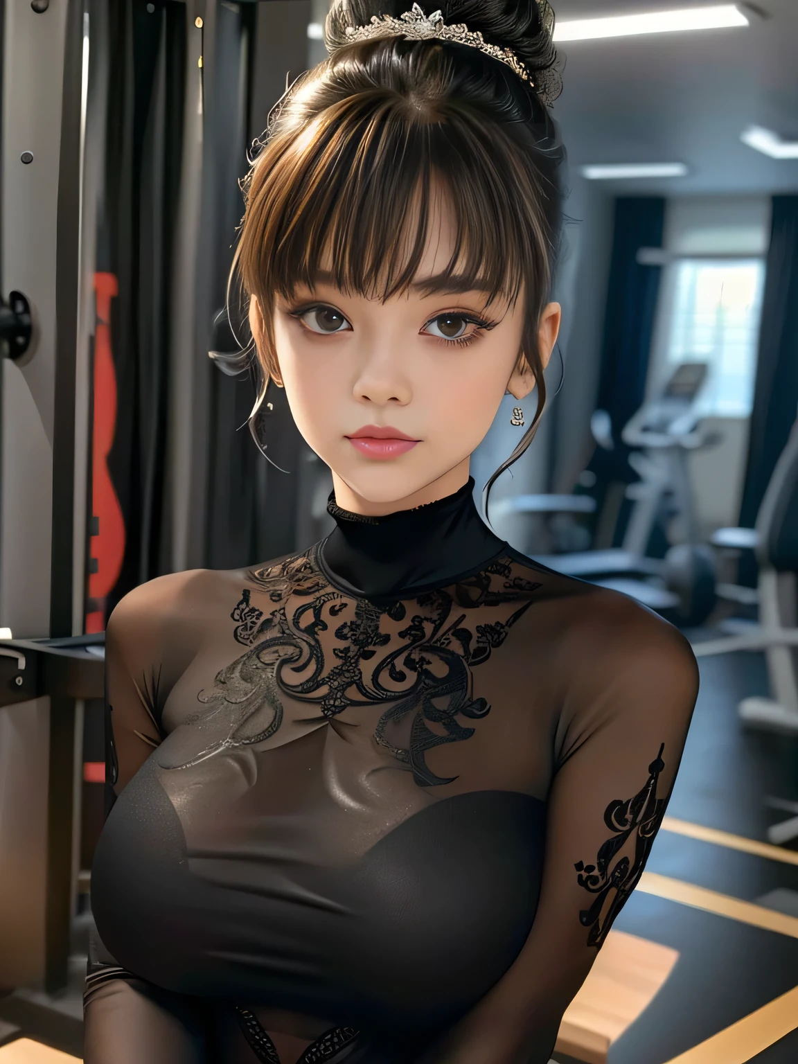 (Athletic leotard:1.3), Gorgeous decorated leotard, High-neck, Long sleeve, High-leg cut, Tights, (Looking at the viewer:1.5), Training gym,
8K Quality, (High Resolution:1.2), (Realistic photo:1.3), (Raw photo:1.2), Body and clothes that is depicted in ultra detail, Absolute masterpiece,
(Big and saggy breasts:1.1), (Lip make-up), Glossy skin, Bangs, Updo for short, Beautiful girl