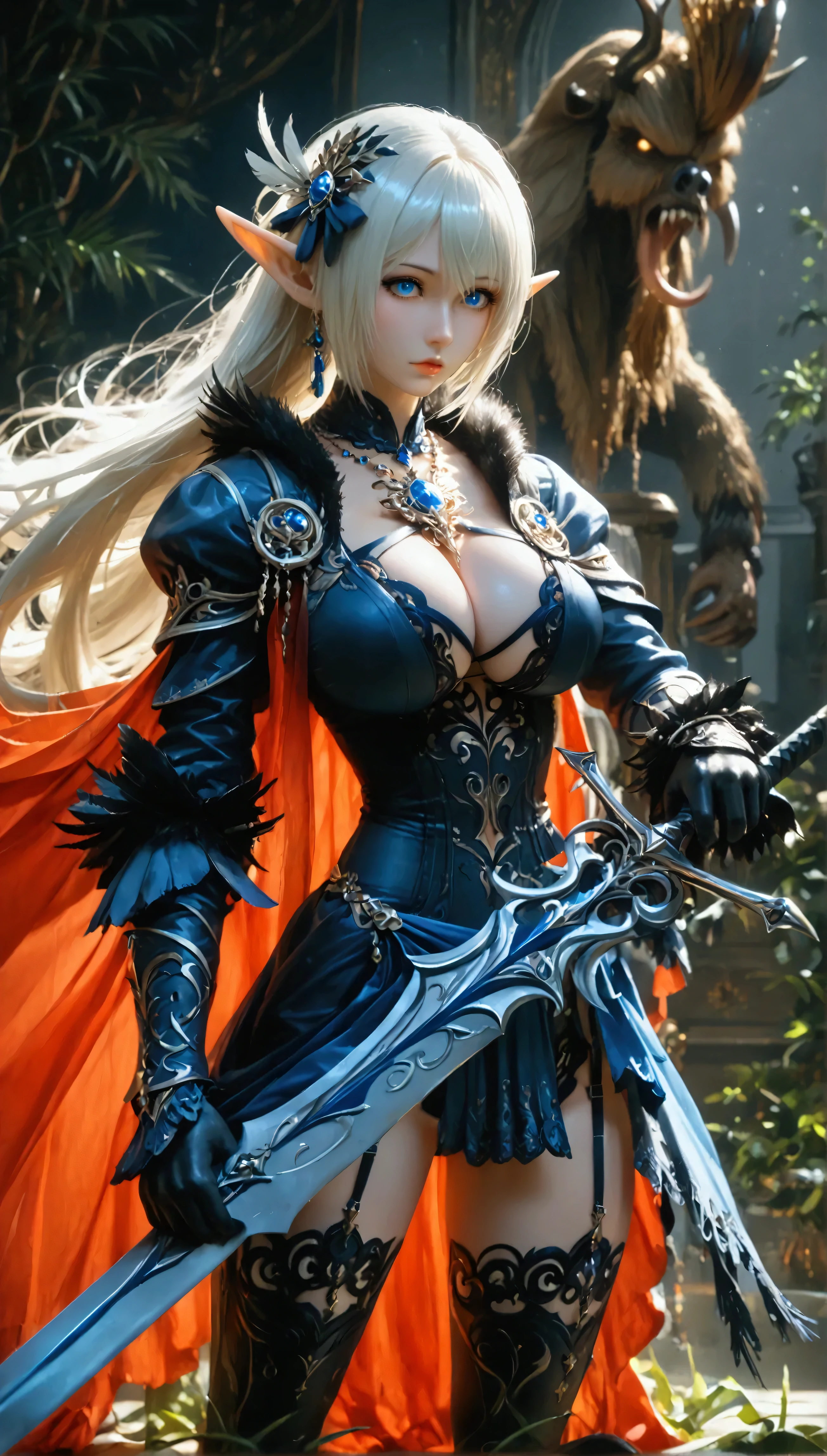 (8k, top quality, Masterpiece , Final Fantasy Style: 1.2),Atmospheric perspective, 8K, Very detailed, Accurate, Highest quality, masterpiece, Very detailed, Sharp focus, High resolution, accurate hand expression, full body shot of a female dark knight elf with holding an intricately decorated heavy great long sword covered in blue flames In her right hand, , Clothes are blown by the wind, fighting against monster, , wearing a luxurious hair ornament made of peacock feathers, (fullbody:1.5),, (nudity:1.3), Complex, Narrow Face, elegant, Wearing a sapphire necklace, deep red lightweight dress with straps, ((large breasts:1.2), (huge breasts:1.2), (Uplifted and well-defined bust:1.2), (lifted chest:1.2), (perky breasts :1.2),(deep cleavage:1.4),(nudity, exposing beasts:1.5)) and a huge waist, (sexy long legs, whole body picture:1.5), ((nudity, exposing beasts:1.5)), To the camera, Very detailed, Digital Painting, Art Station, Concept Art, Smooth, Sharp focus, figure, ArtJam, Greg Rutkowski, Art by Alphonse Mucha, 8K, Volumetric Fog, bloom, light, lumen, Crank blur
