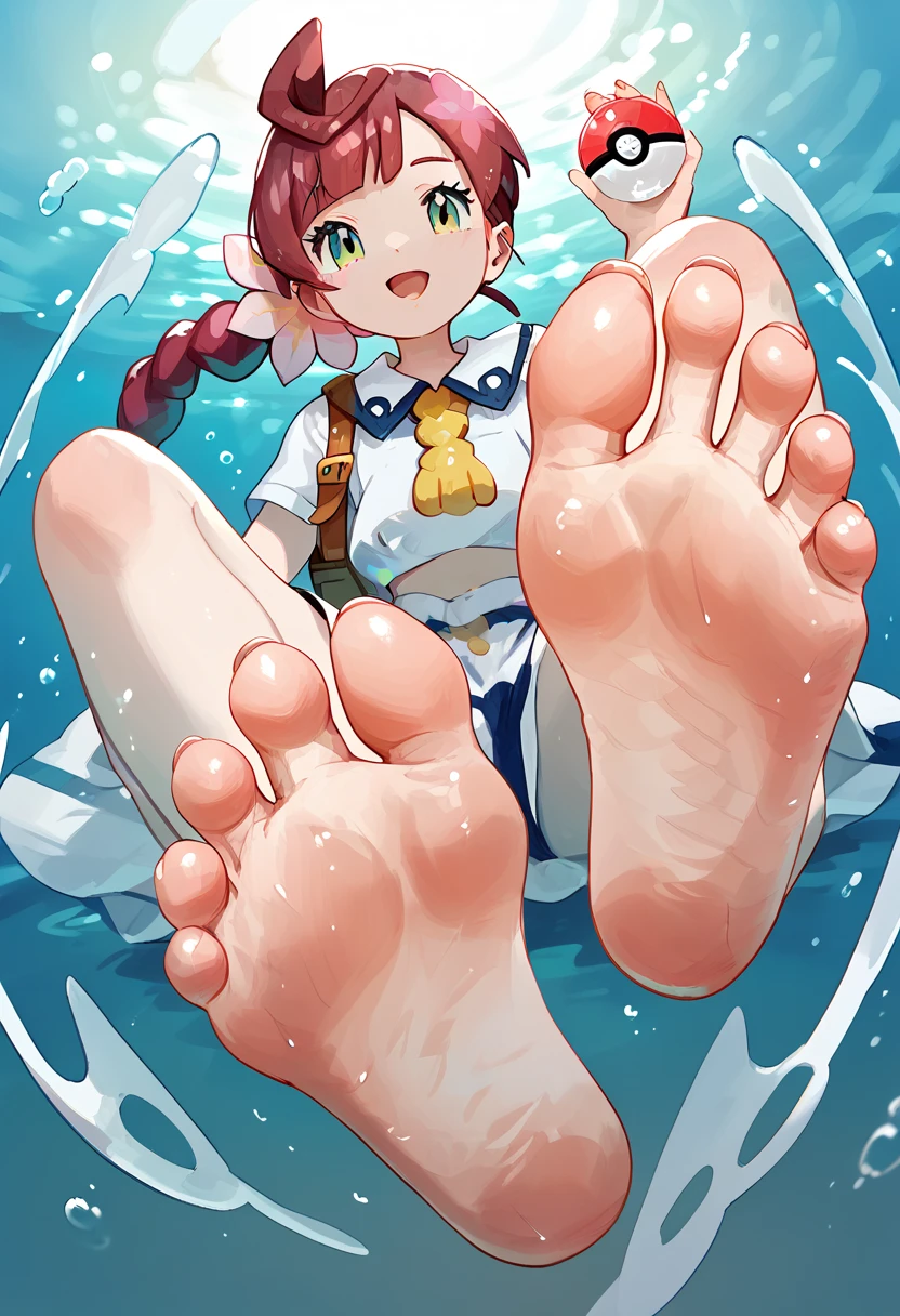 Chloe ceries (pokemon) , foot focus,2 sole,barefoot, masterpiece, Highest quality, Very detailed, high school girl、Diving