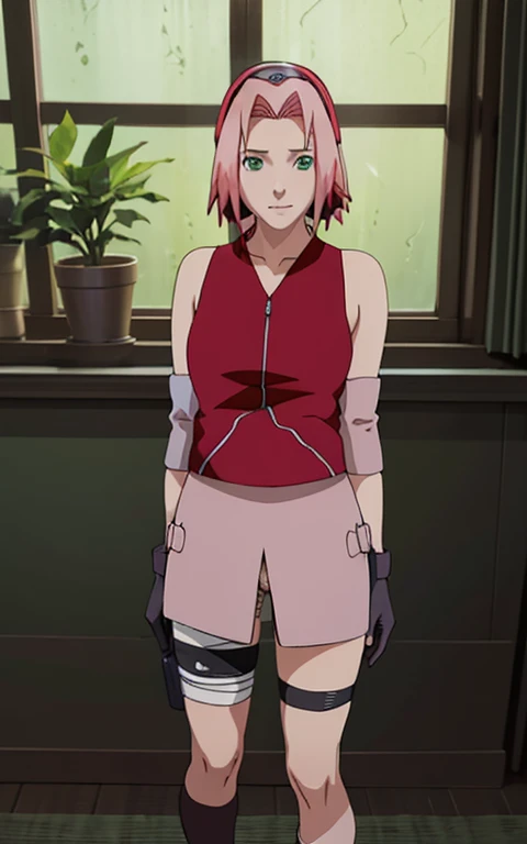 NARUTO_Sakura_Combat_ownwaifu,
1girl, nude, nsfw, haruno sakura, small breast, short hair, pink hair, green eyes, hair intakes, collarbone, forehead protector, headband, red hairband, konohagakure symbol, bike shorts, black shorts, leg wrap, bandaged leg, elbow pads, zipper, zipper pull tab,
((masterpiece)),((best quality)),(highres, absurdres), original, official_art, window, dark sky, dark atmosphere, night time, loaded_interior, indoors, window_shade, window_blinds, curtains, potted_plant, focused, looking at viewer, solo, standing 