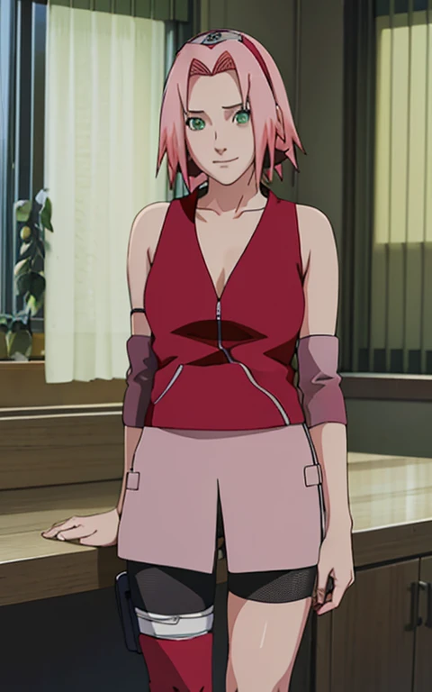 NARUTO_Sakura_Combat_ownwaifu,
1girl, nude, nsfw, haruno sakura, small breast, short hair, pink hair, green eyes, hair intakes, collarbone, forehead protector, headband, red hairband, konohagakure symbol, bike shorts, black shorts, leg wrap, bandaged leg, elbow pads, zipper, zipper pull tab,
((masterpiece)),((best quality)),(highres, absurdres), original, official_art, window, dark sky, dark atmosphere, night time, loaded_interior, indoors, window_shade, window_blinds, curtains, potted_plant, focused, looking at viewer, solo, standing 